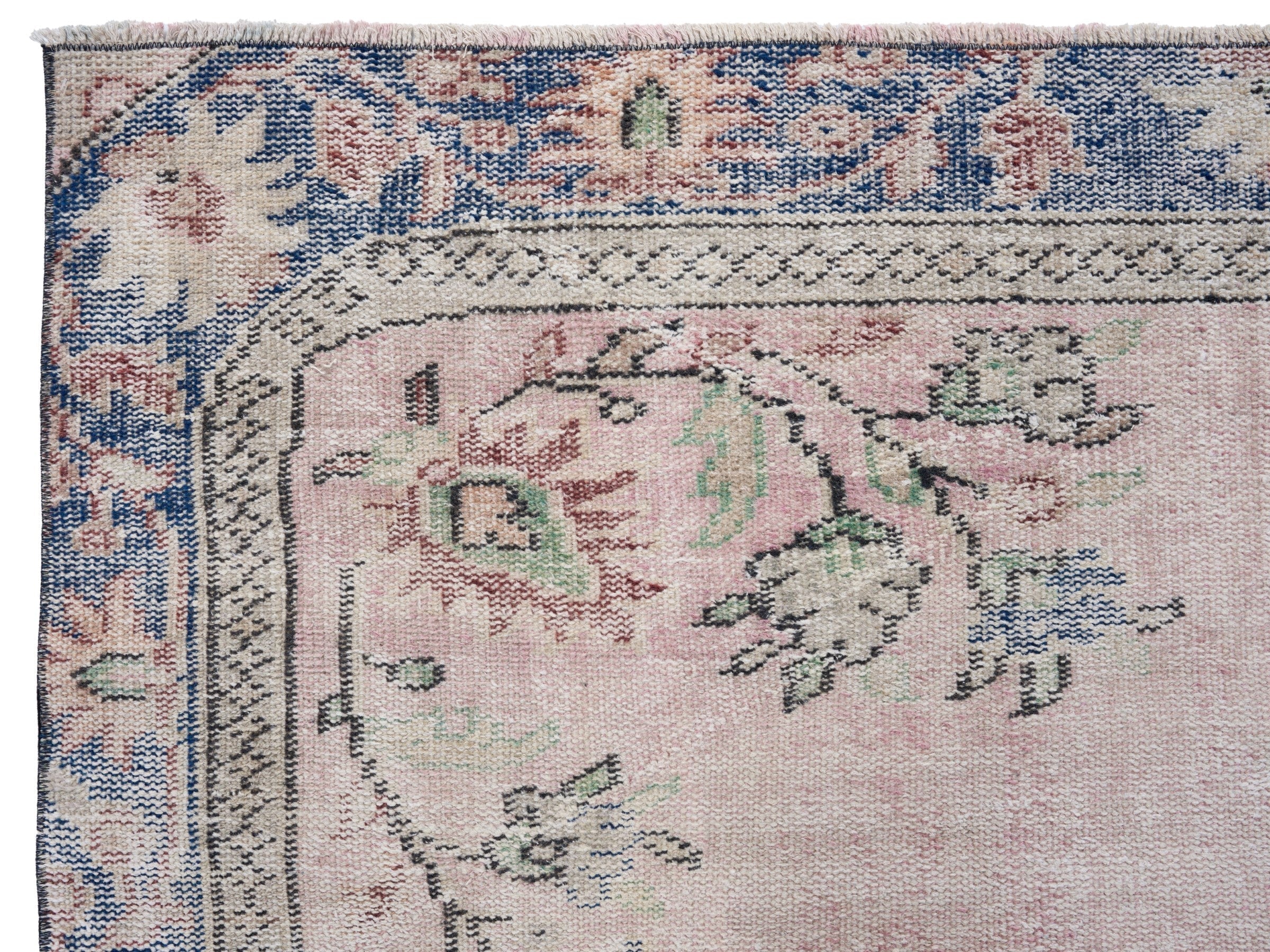 Turkish Manisa area rug in dusty rose and dark blue, view 8 of 10