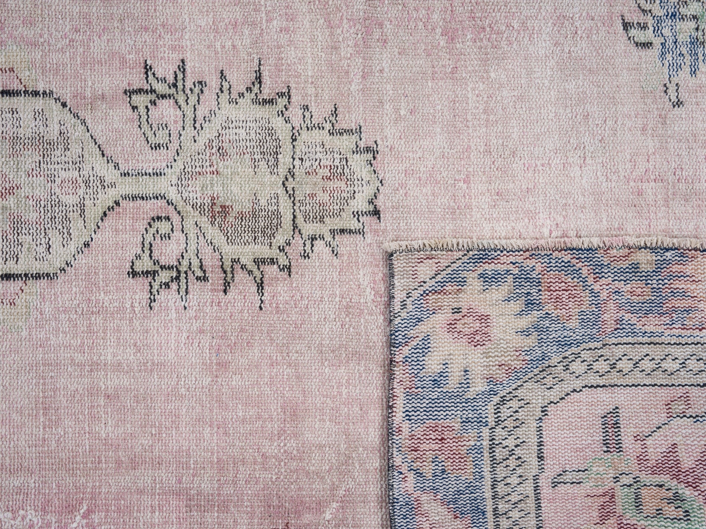Turkish Manisa area rug in dusty rose and dark blue, view 10 of 10