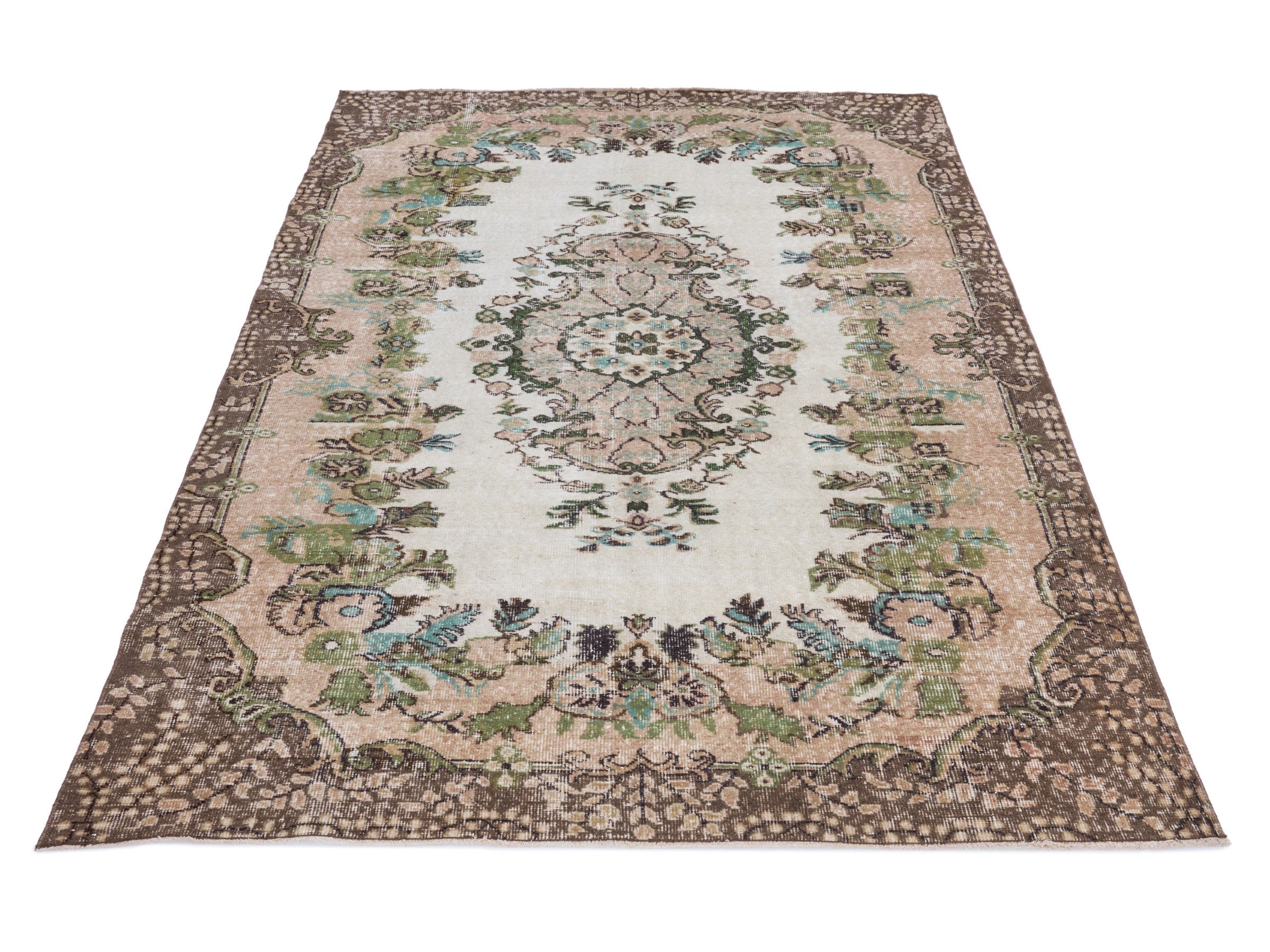Turkish Isparta area rug in ivory and muted pink, view 2 of 10