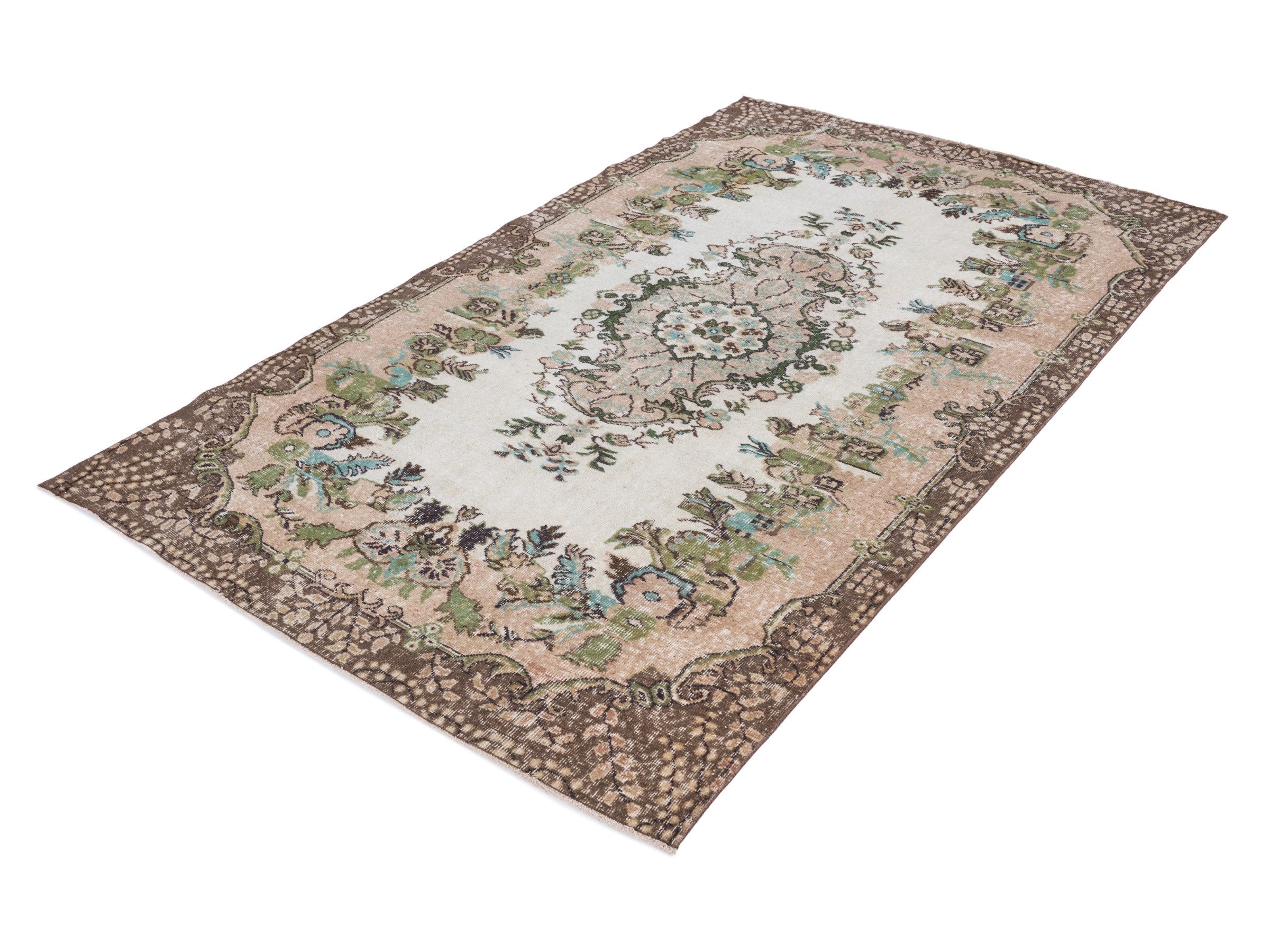 Turkish Isparta area rug in ivory and muted pink, view 3 of 10