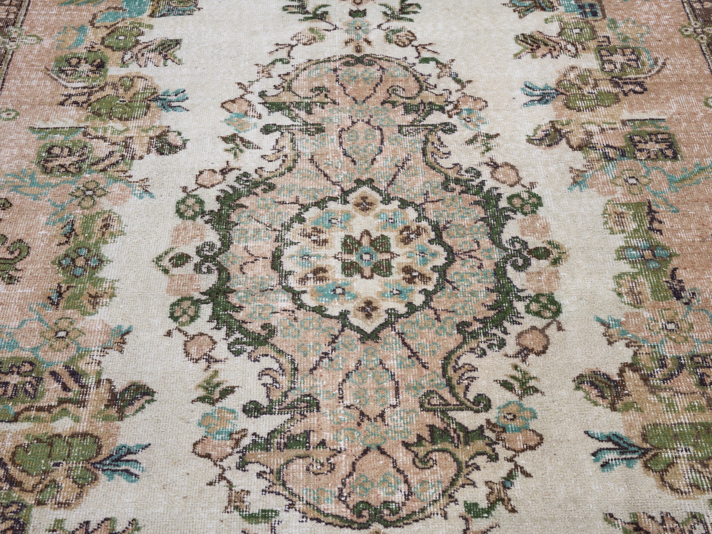 Turkish Isparta area rug in ivory and muted pink, view 4 of 10