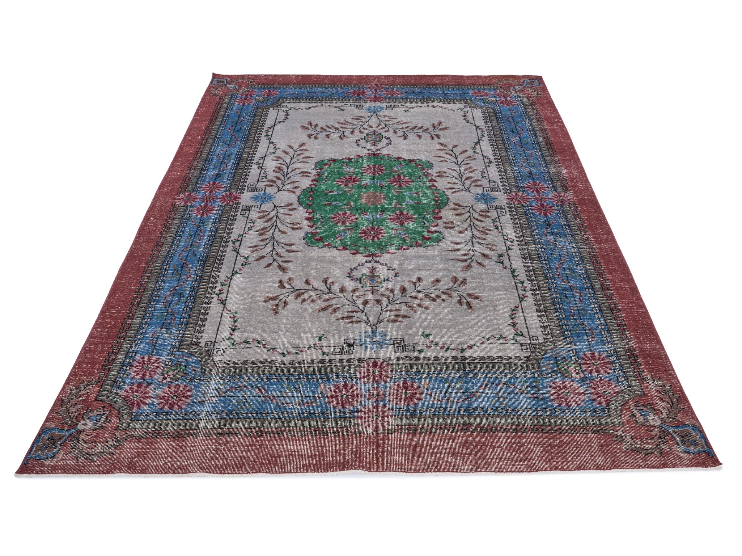 Turkish Isparta area rug in stone and burgundy, view 2 of 10