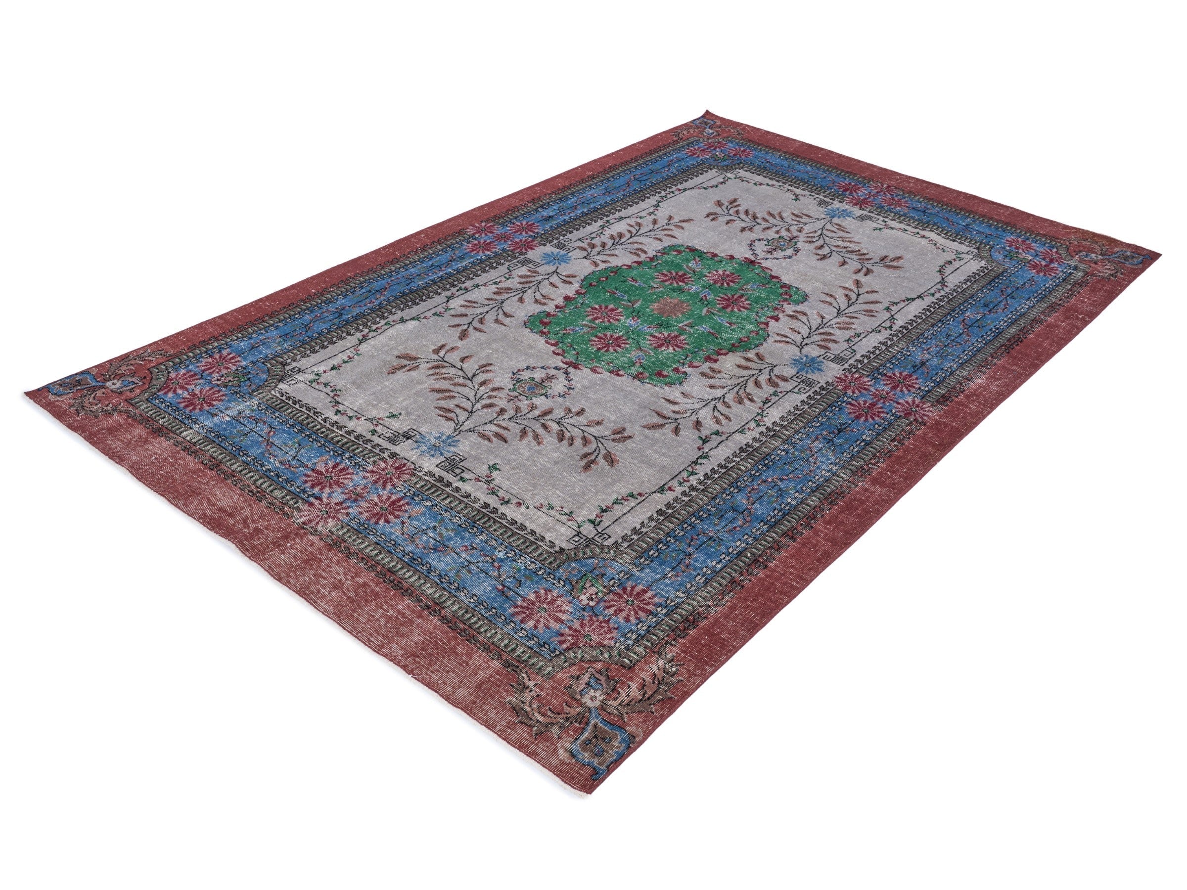 Turkish Isparta area rug in stone and burgundy, view 3 of 10