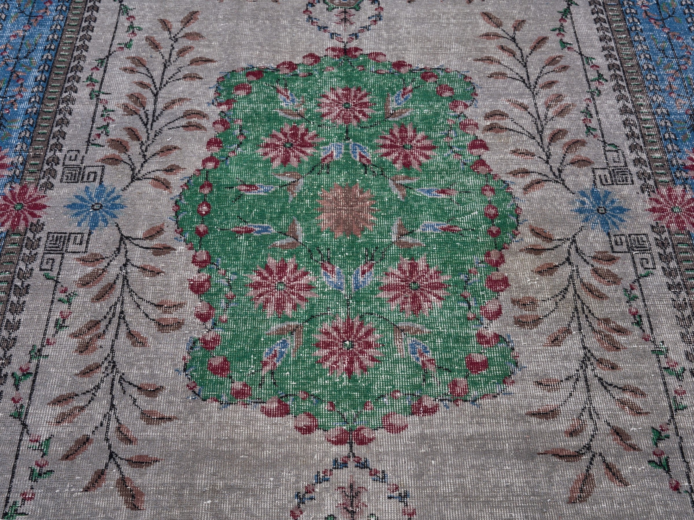 Turkish Isparta area rug in stone and burgundy, view 4 of 10