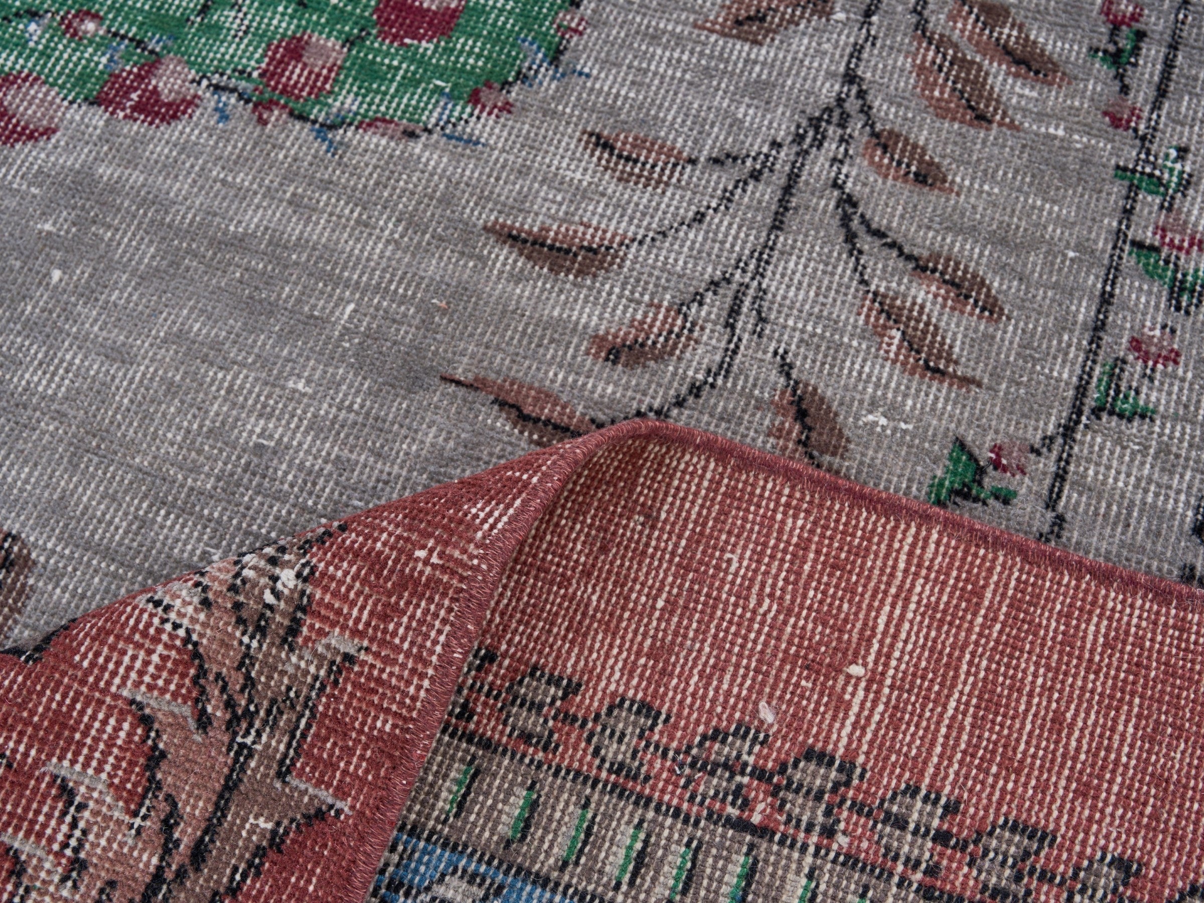 Turkish Isparta area rug in stone and burgundy, view 9 of 10