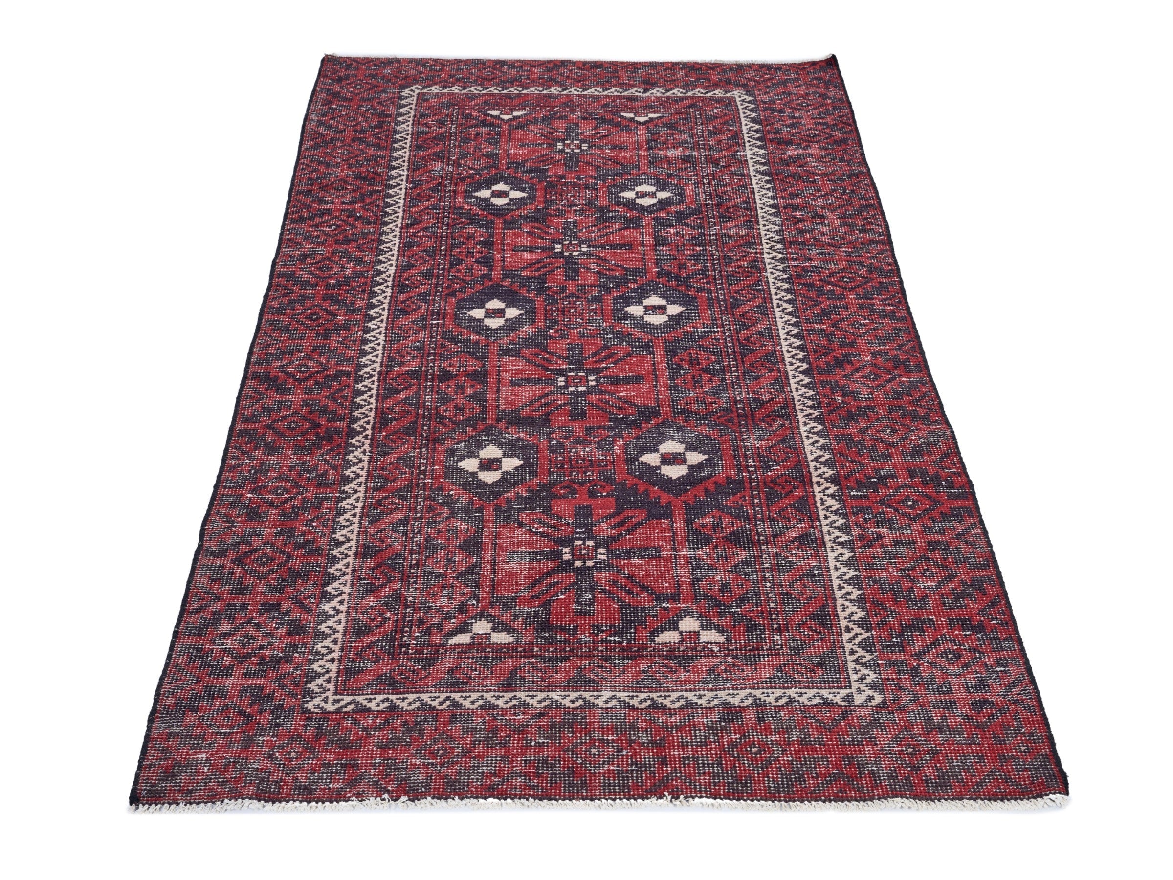 Persian Baluch area rug in burgundy and faded red, view 2 of 10