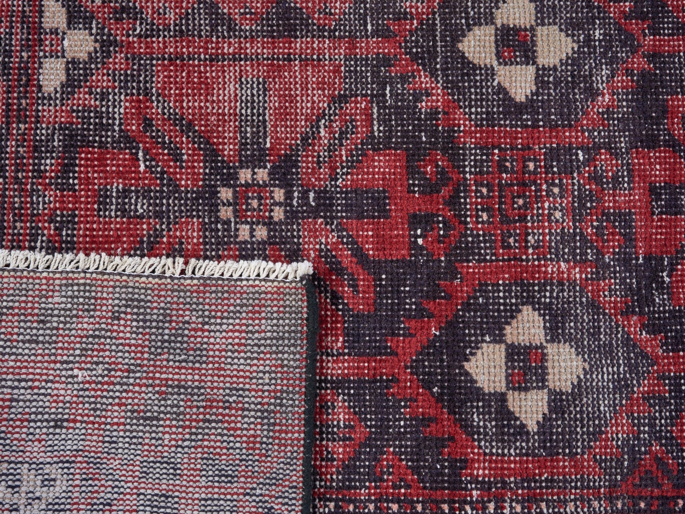 Persian Baluch area rug in burgundy and faded red, view 10 of 10