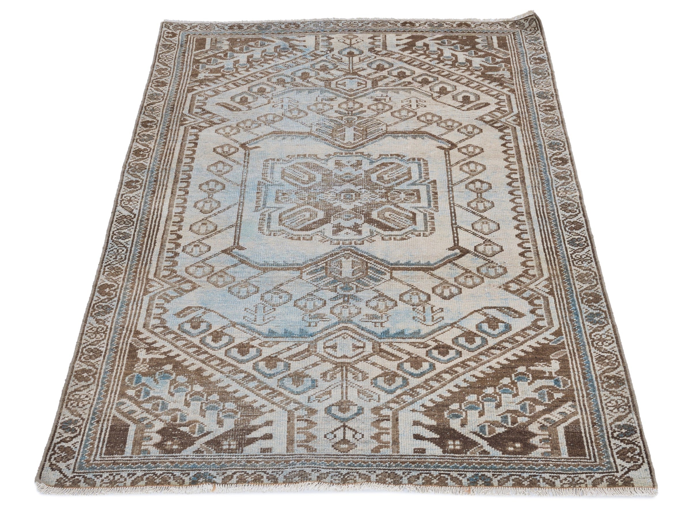 Persian Zanjan accent rug in powder blue and terracotta, view 2 of 10