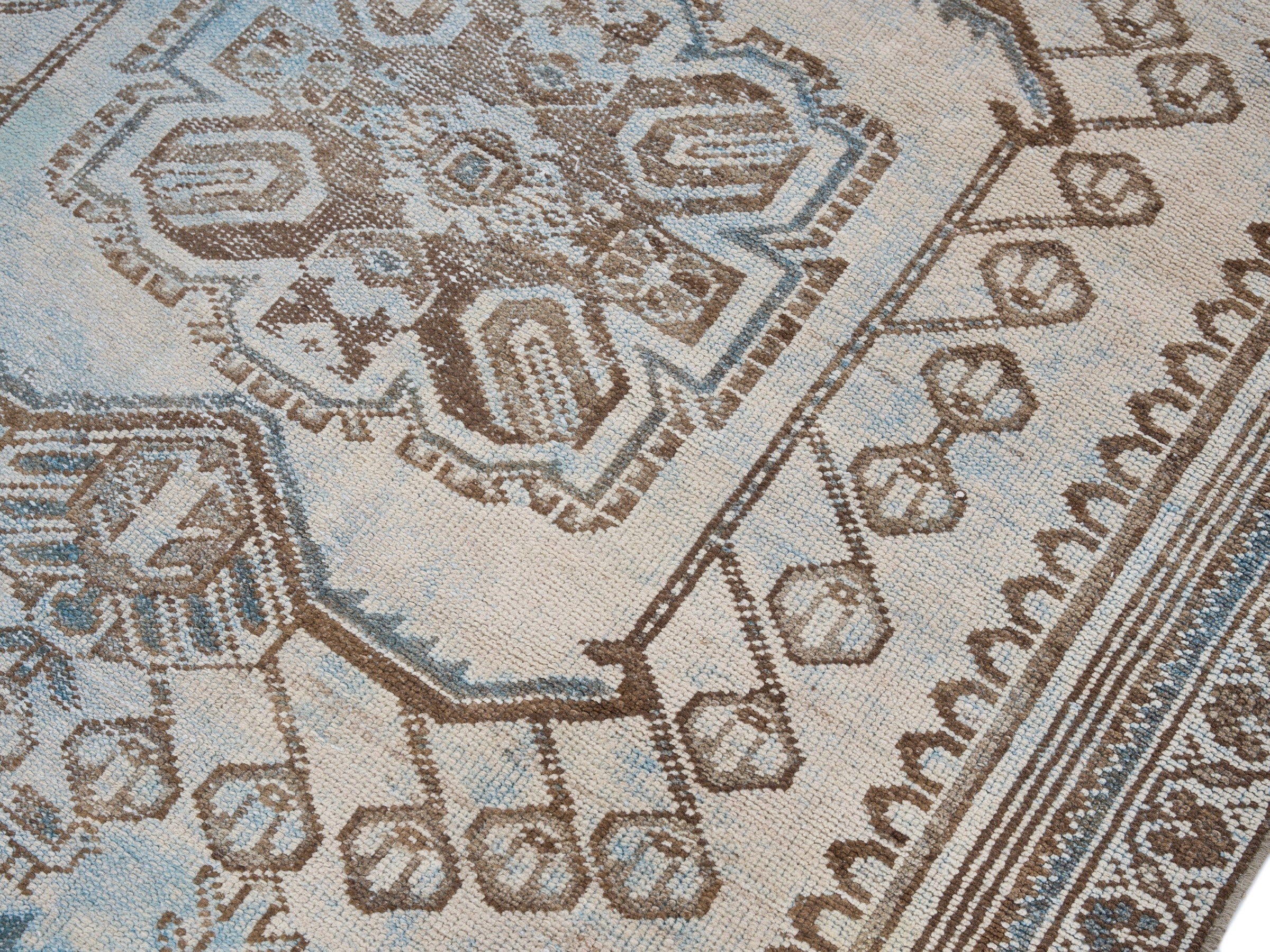 Persian Zanjan accent rug in powder blue and terracotta, view 5 of 10