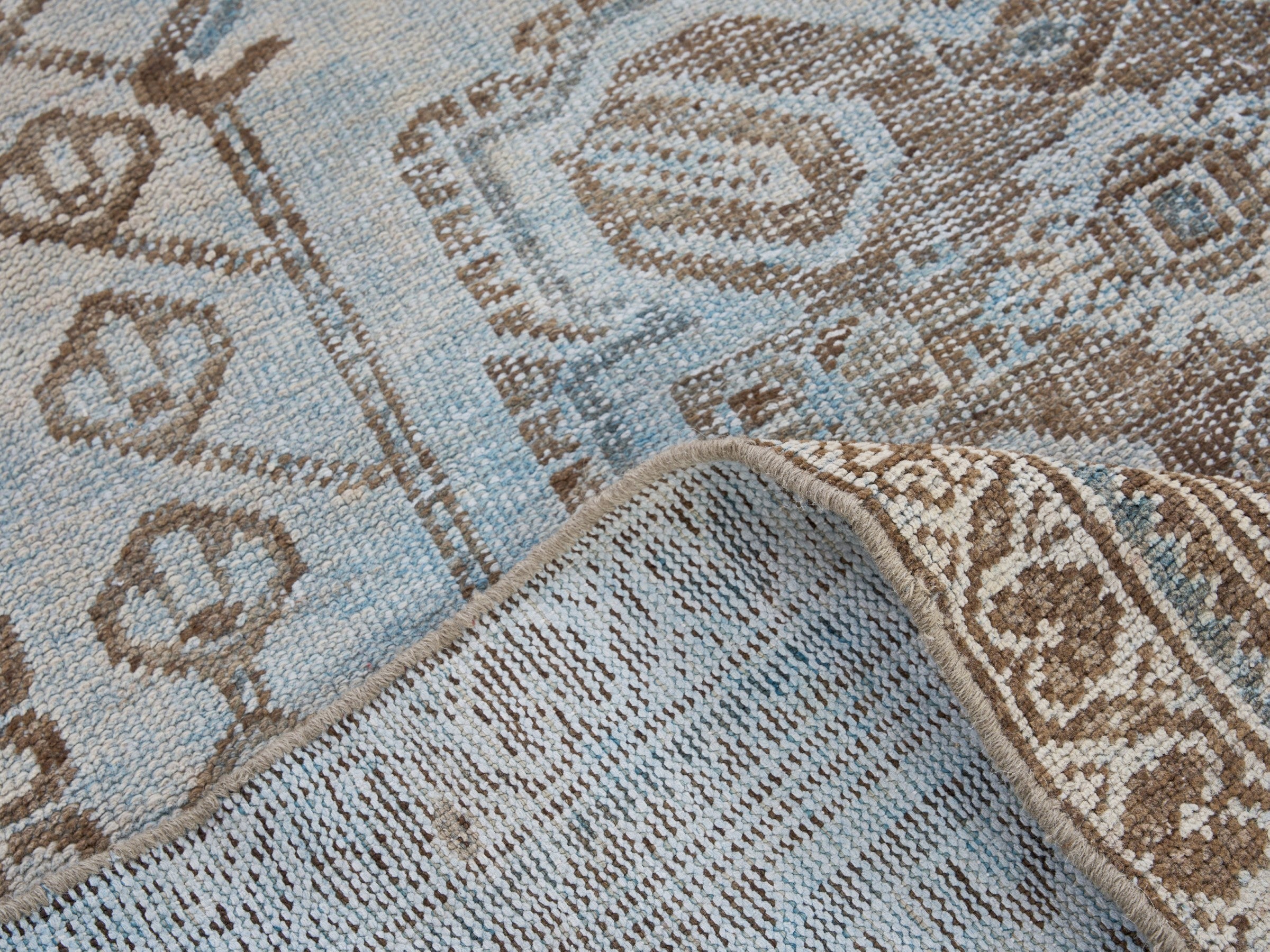 Persian Zanjan accent rug in powder blue and terracotta, view 9 of 10