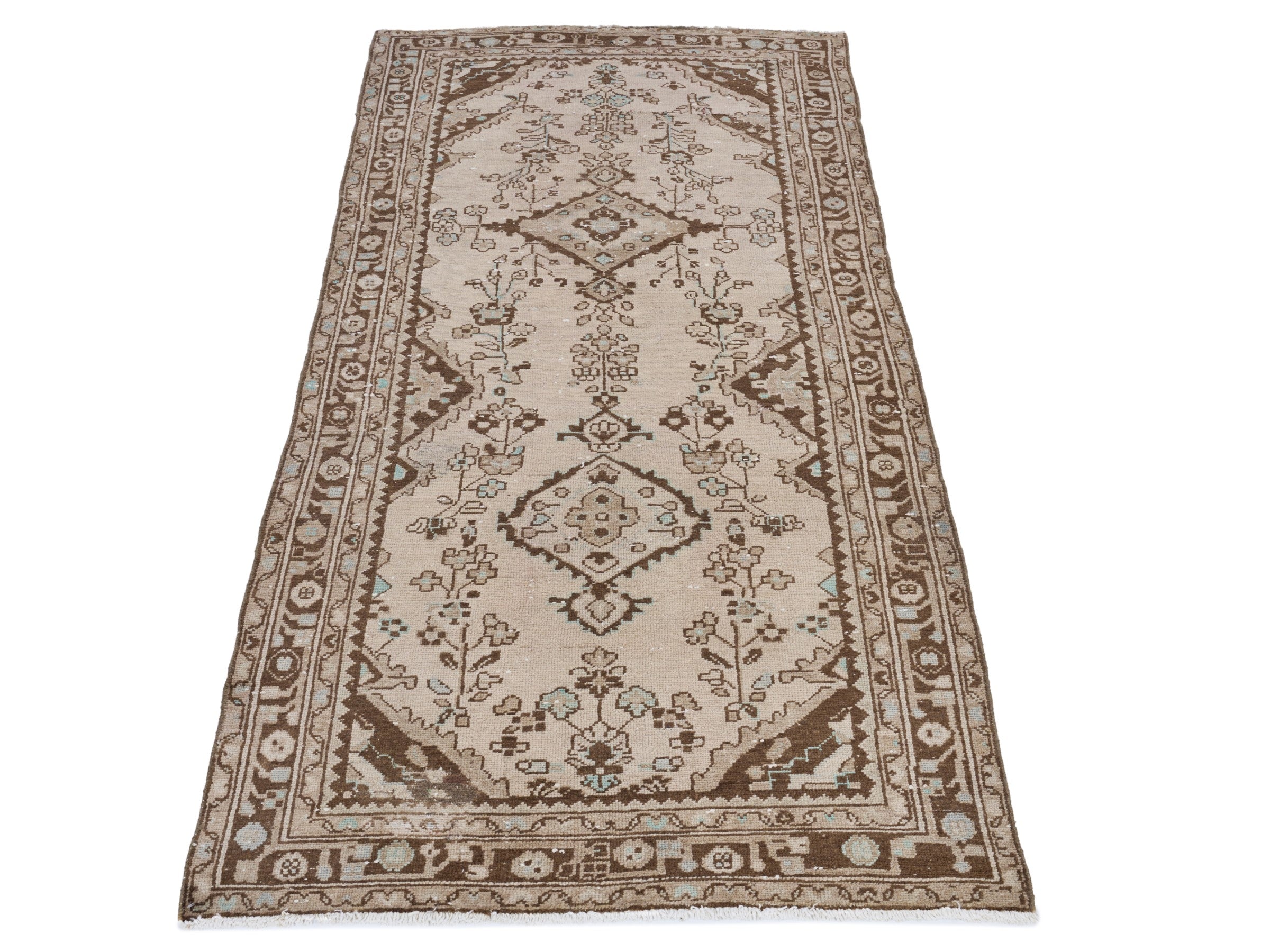 Persian Hamedan runner rug in cream and fawn, view 2 of 10