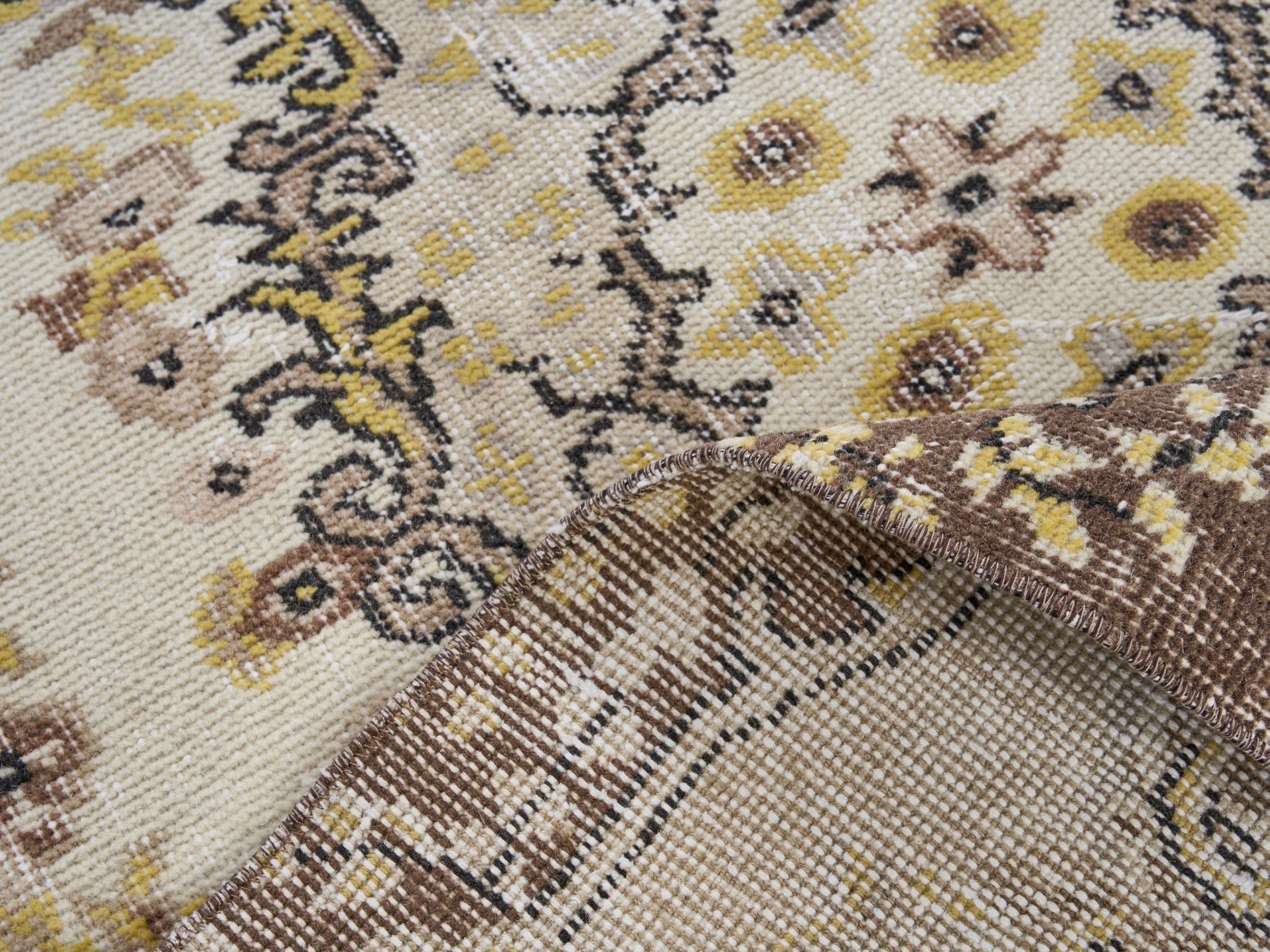 Turkish Isparta area rug in cream and dark brown, view 9 of 10