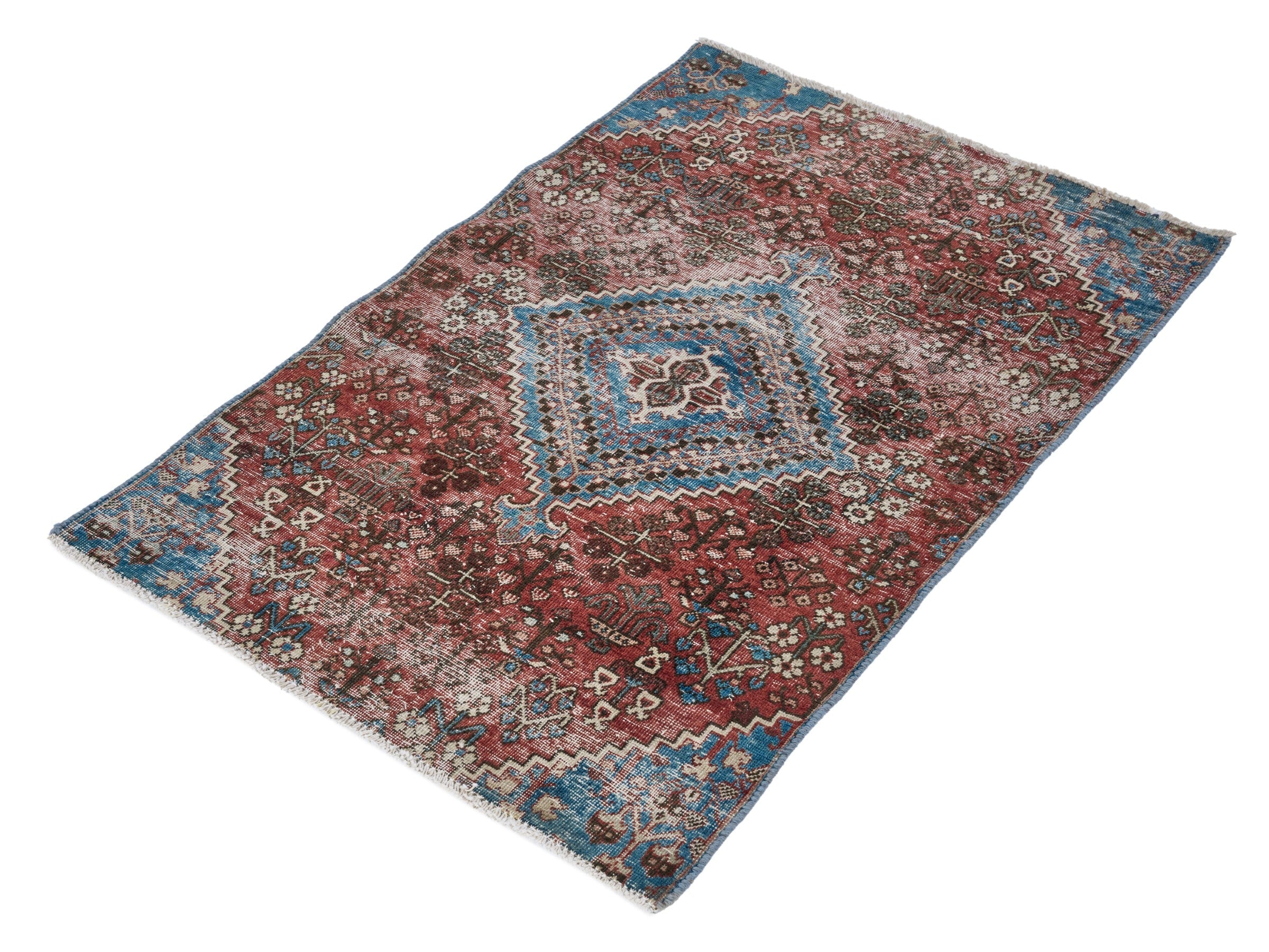 Persian Joshaghan accent rug in brick and denim, view 3 of 9