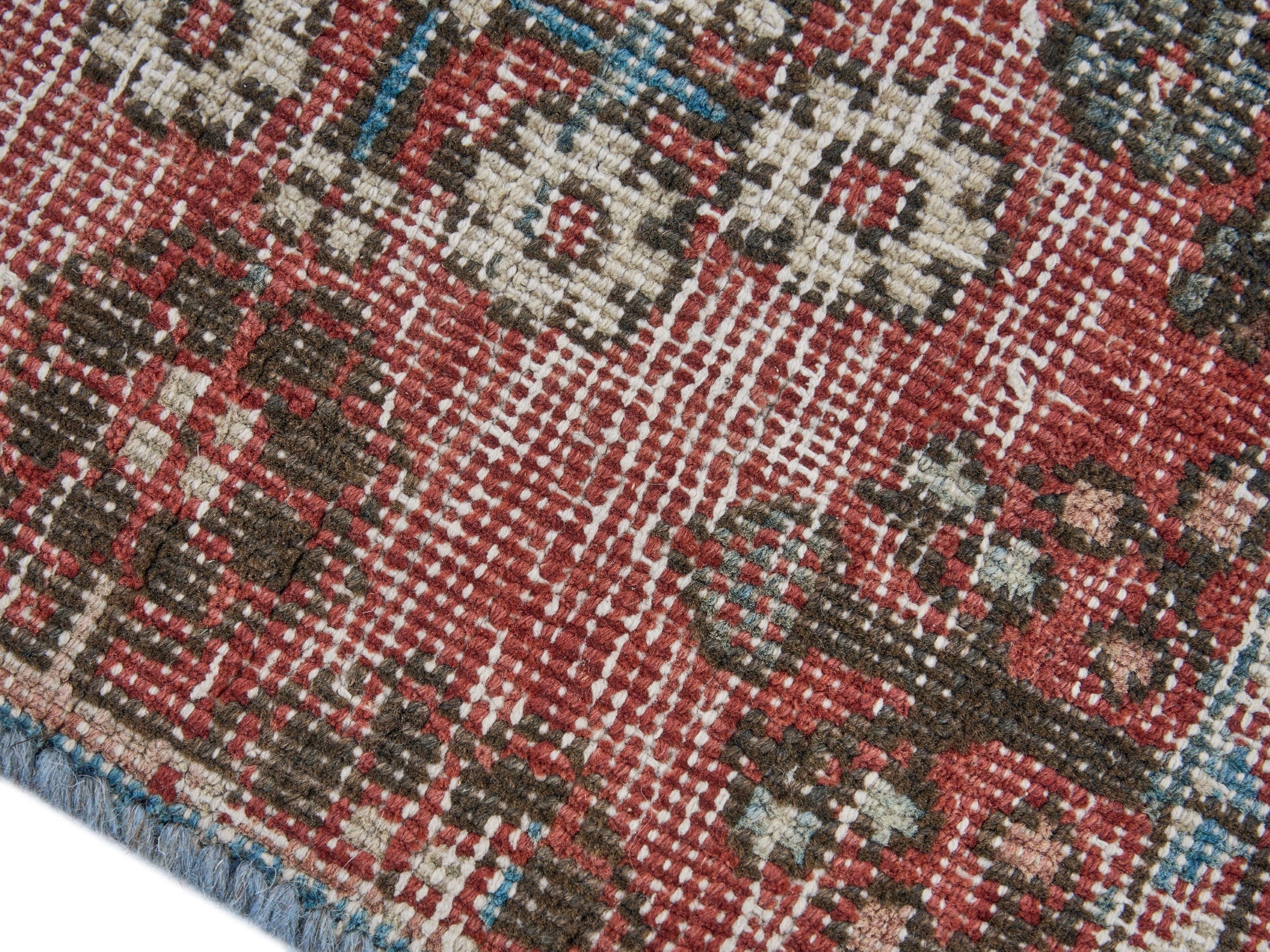 Persian Joshaghan accent rug in brick and denim, view 5 of 9