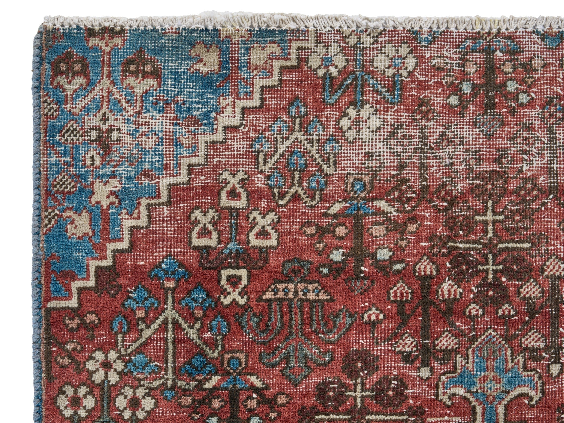 Persian Joshaghan accent rug in brick and denim, view 7 of 9