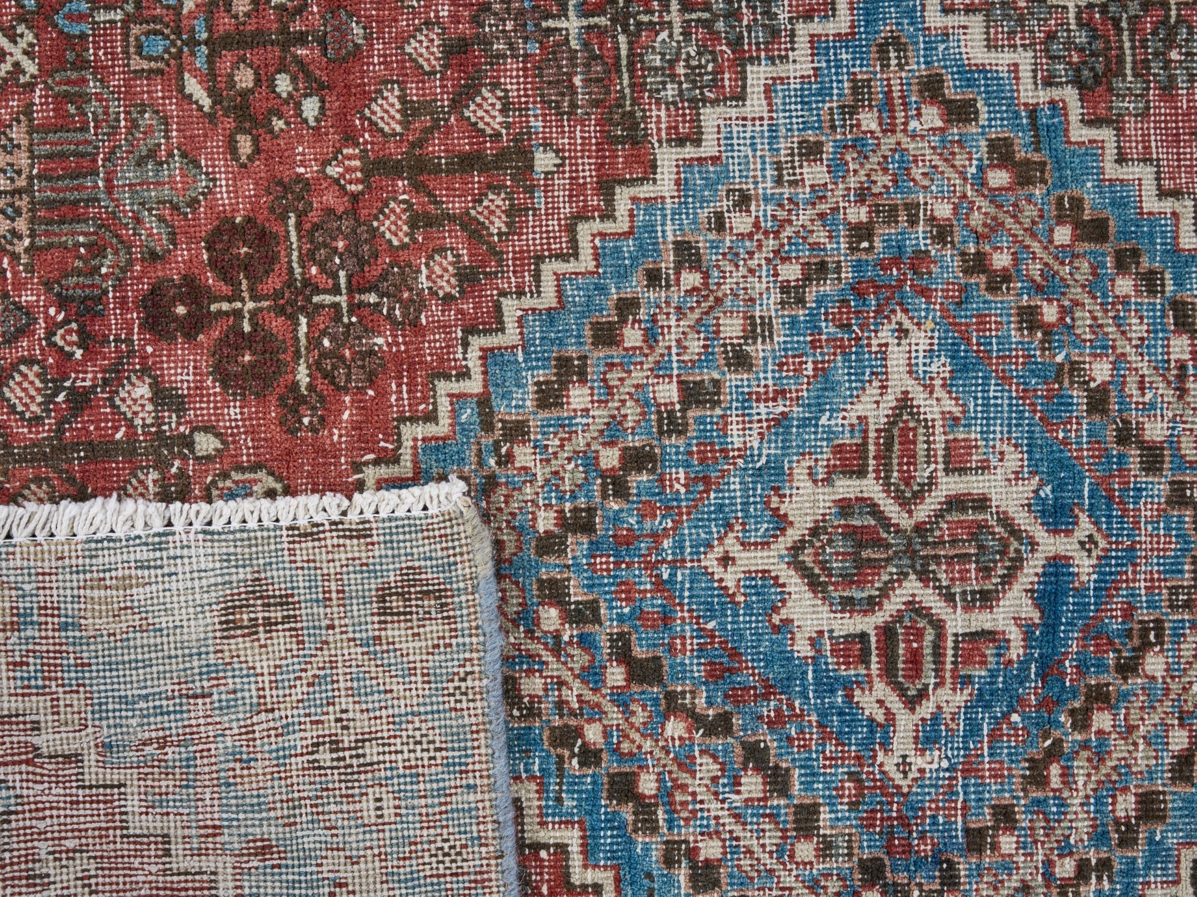 Persian Joshaghan accent rug in brick and denim, view 9 of 9