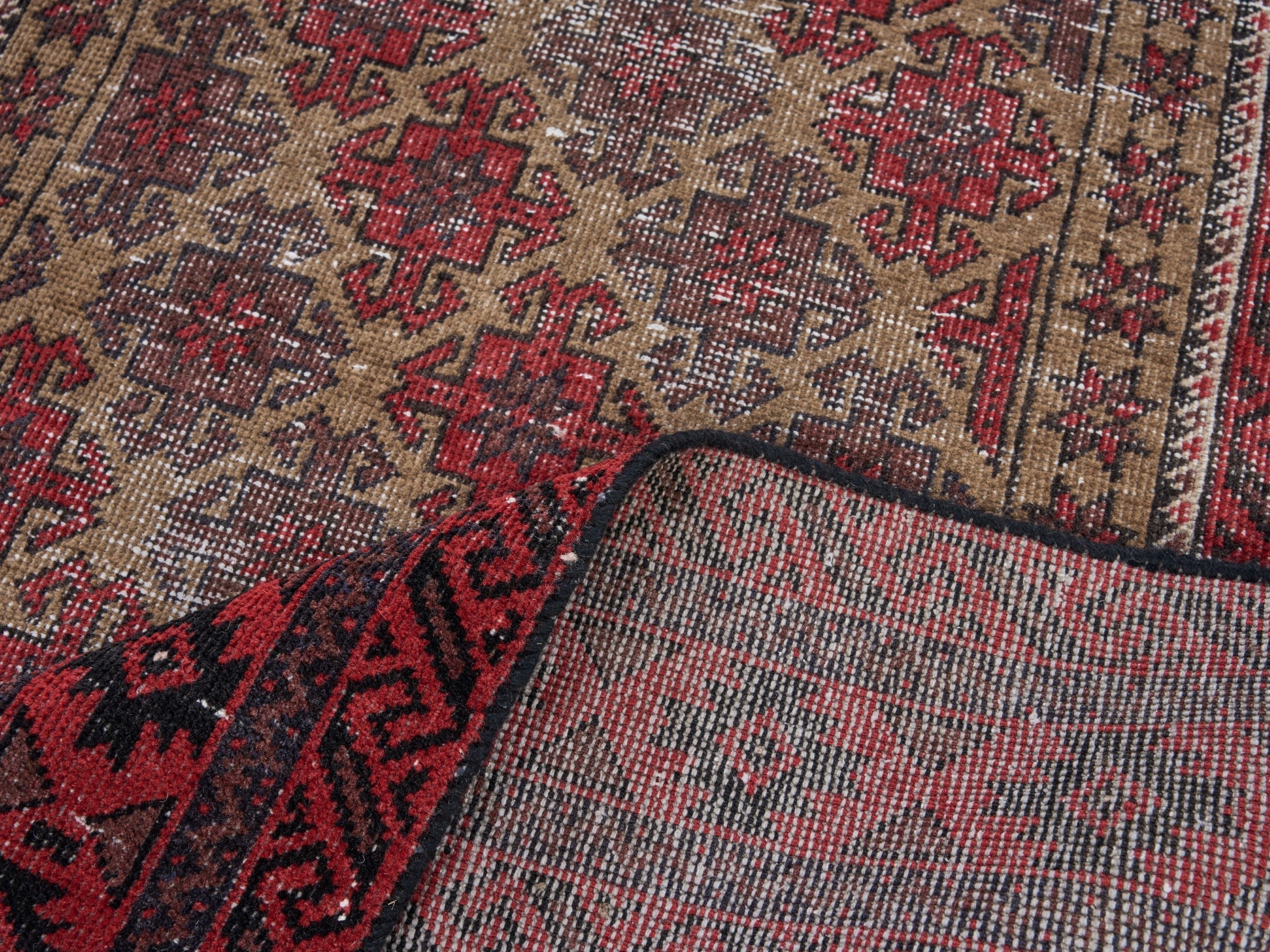 Persian Baluch runner rug in burgundy and stone, view 9 of 10