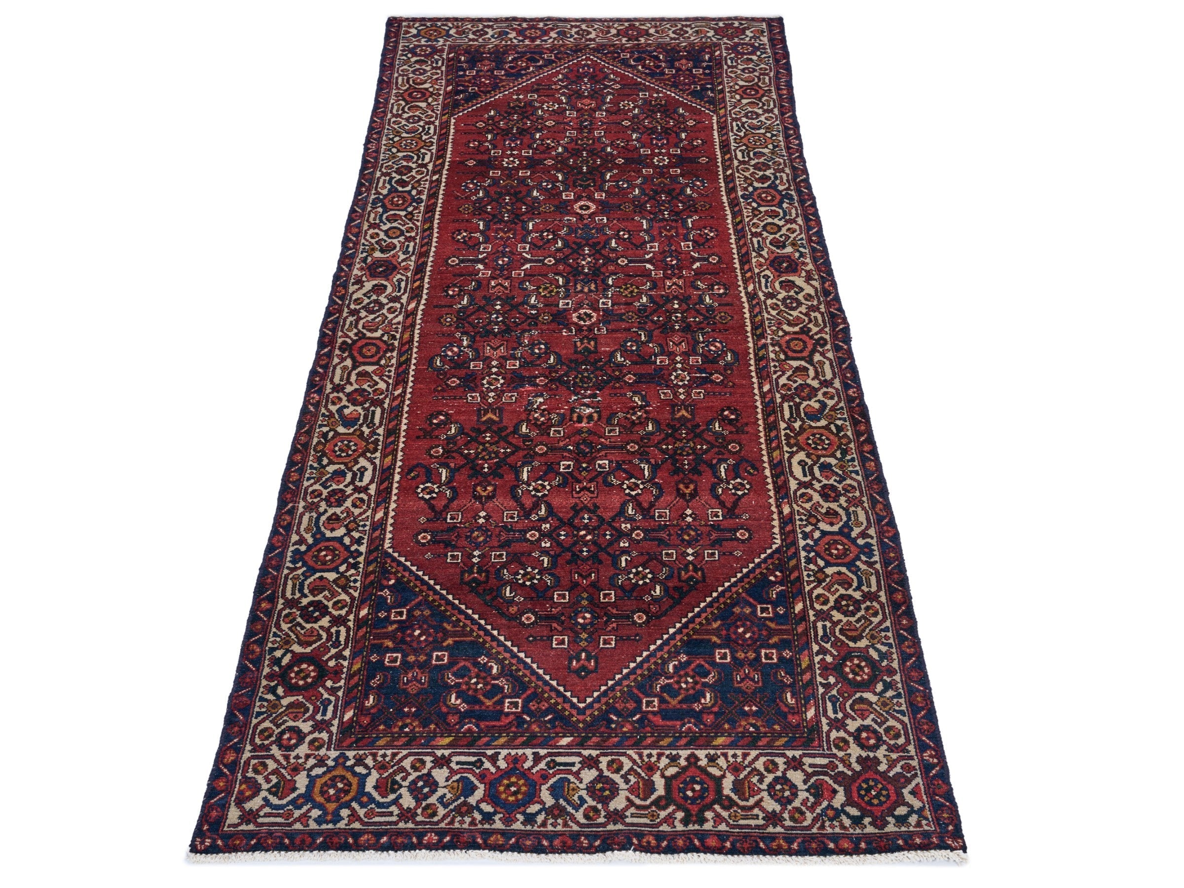 Persian Hamedan runner rug in deep red and cream, view 2 of 10