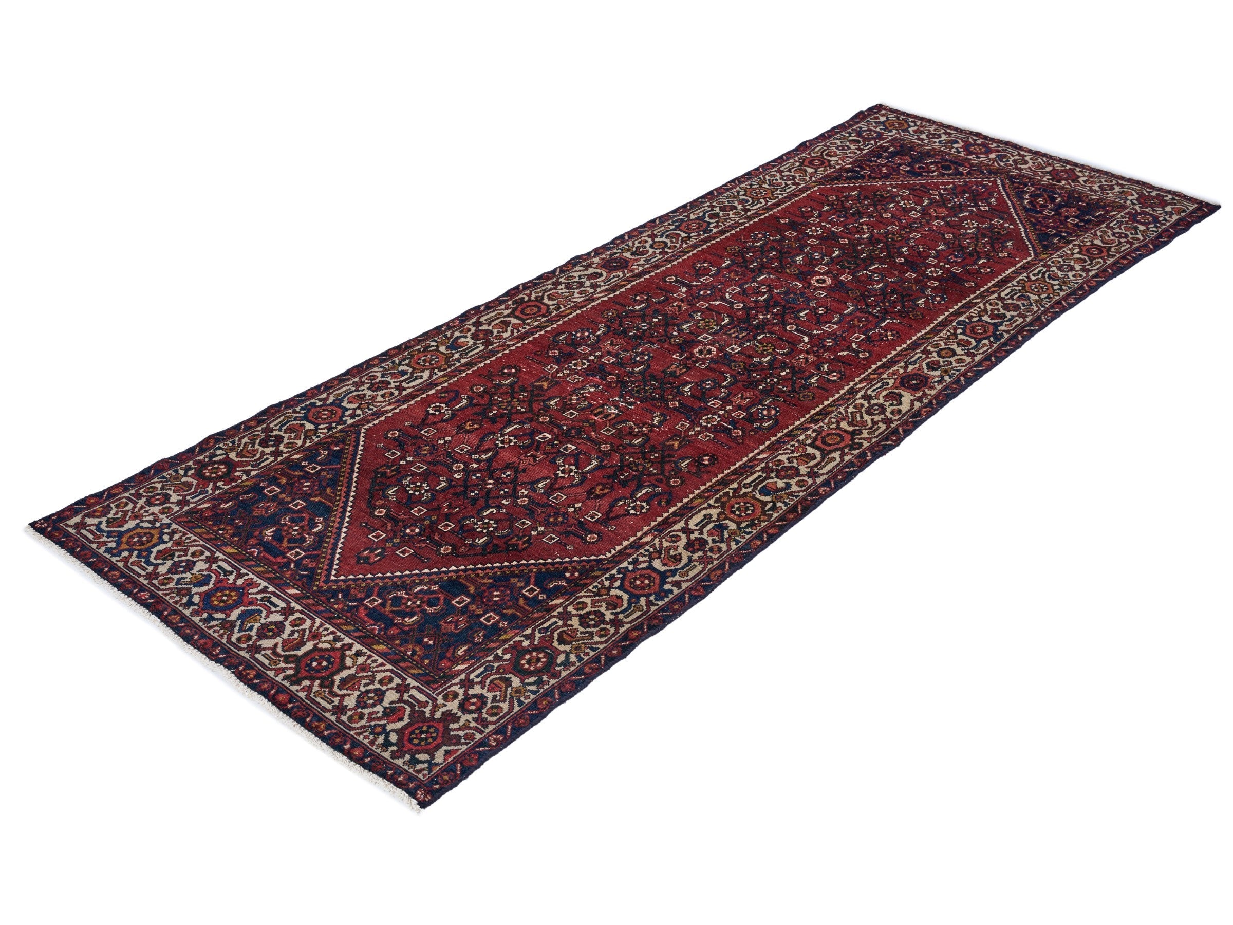 Persian Hamedan runner rug in deep red and cream, view 3 of 10
