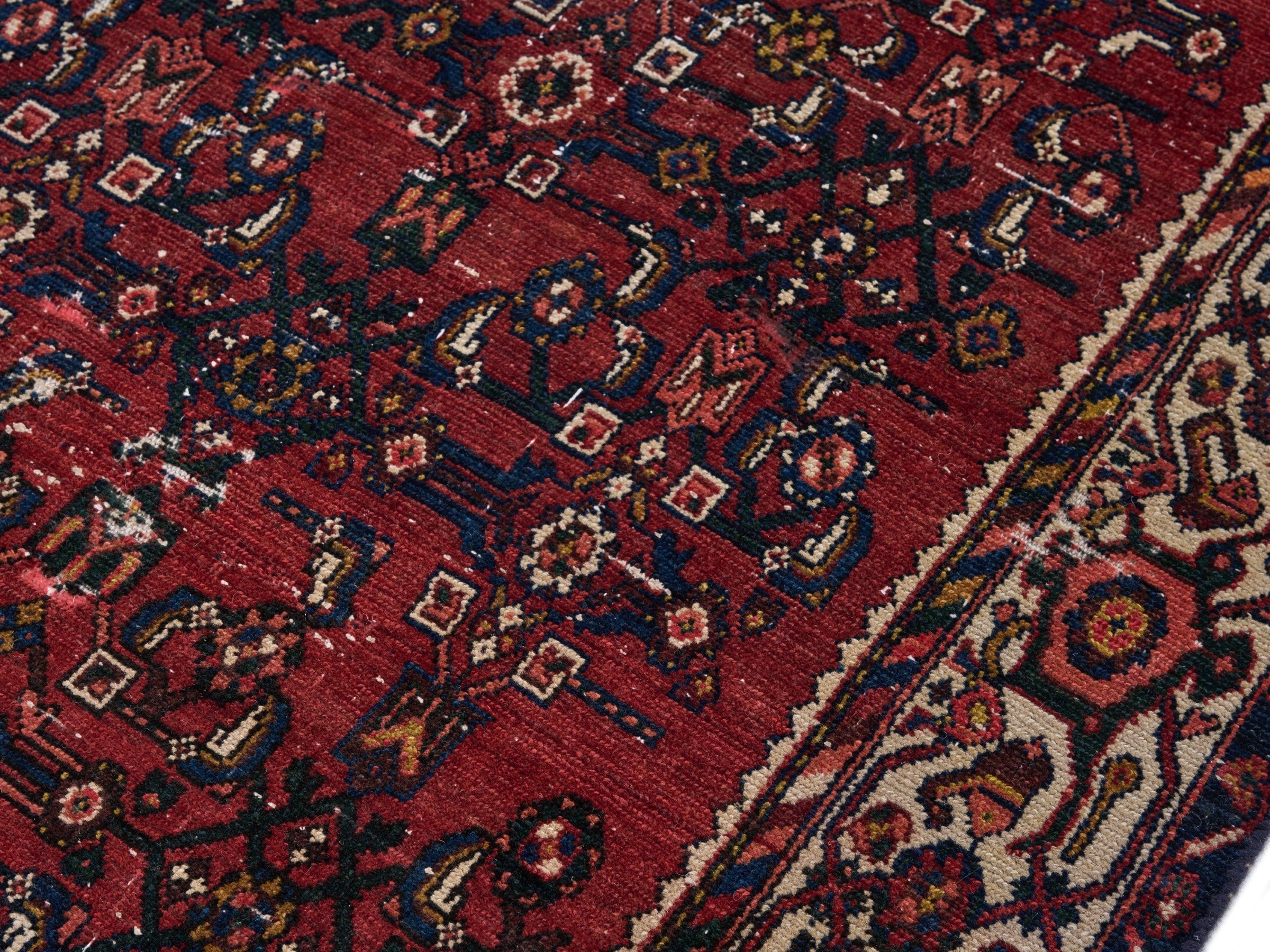 Persian Hamedan runner rug in deep red and cream, view 5 of 10