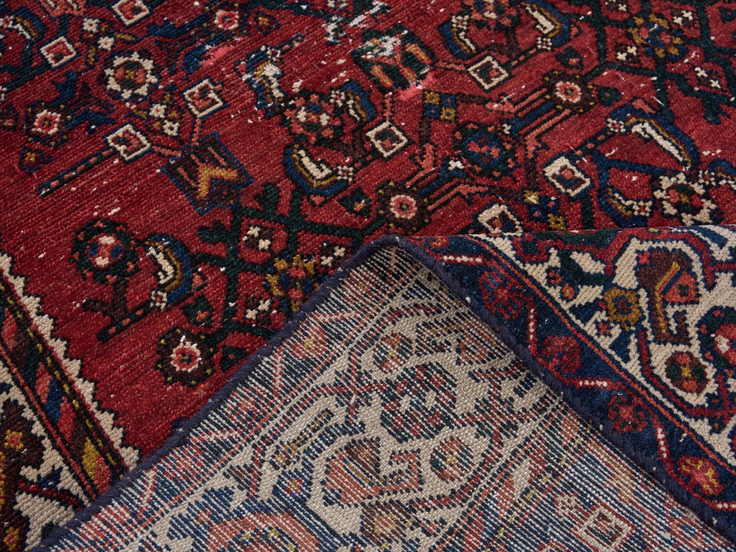 Persian Hamedan runner rug in deep red and cream, view 9 of 10