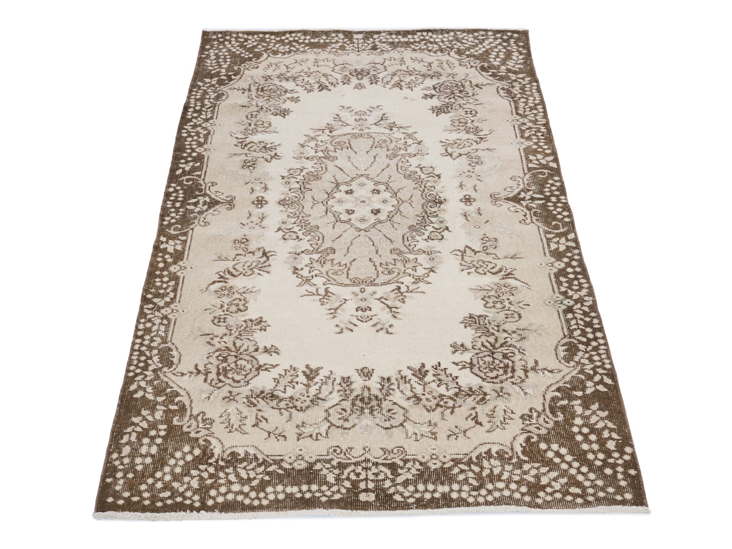Turkish Isparta area rug in cream and dark brown, view 2 of 10