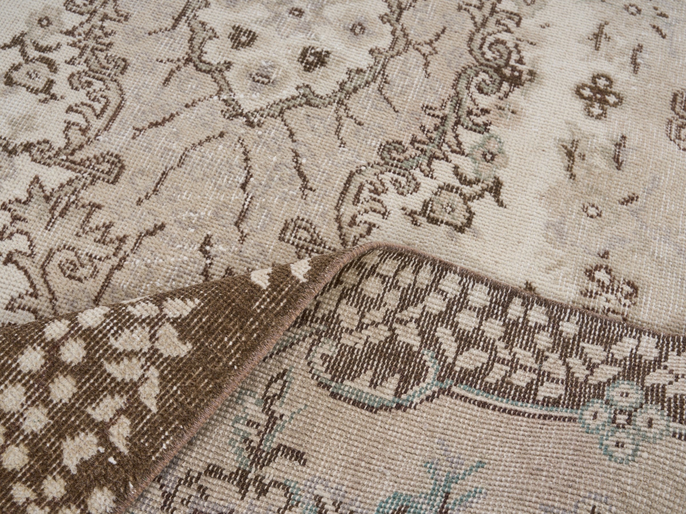 Turkish Isparta area rug in cream and dark brown, view 9 of 10