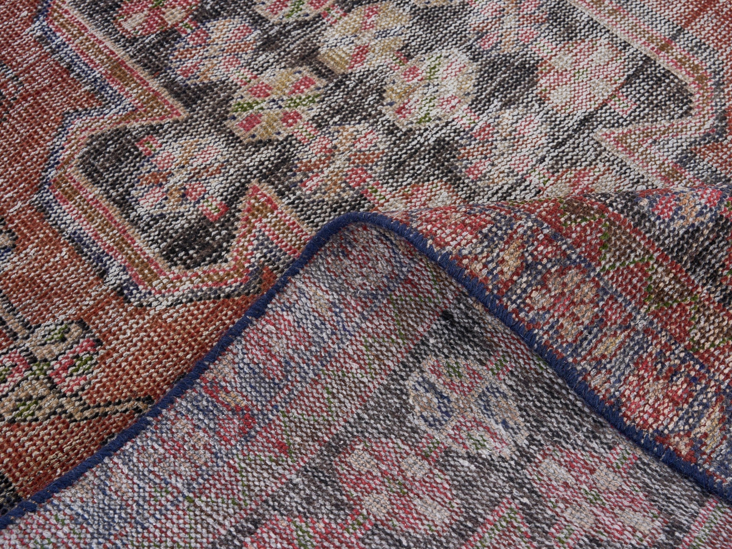 Persian Saveh area rug in burgundy and faded red, view 9 of 10