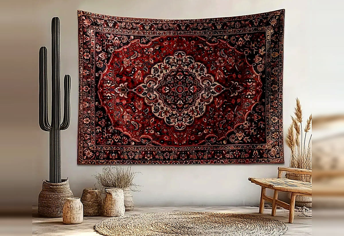 Vintage Persian medallion rug hung on a plaster wall