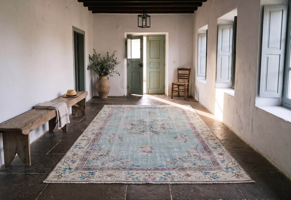 Faded vintage Turkish Isparta rug with a celadon field in a stone hall in afternoon sun