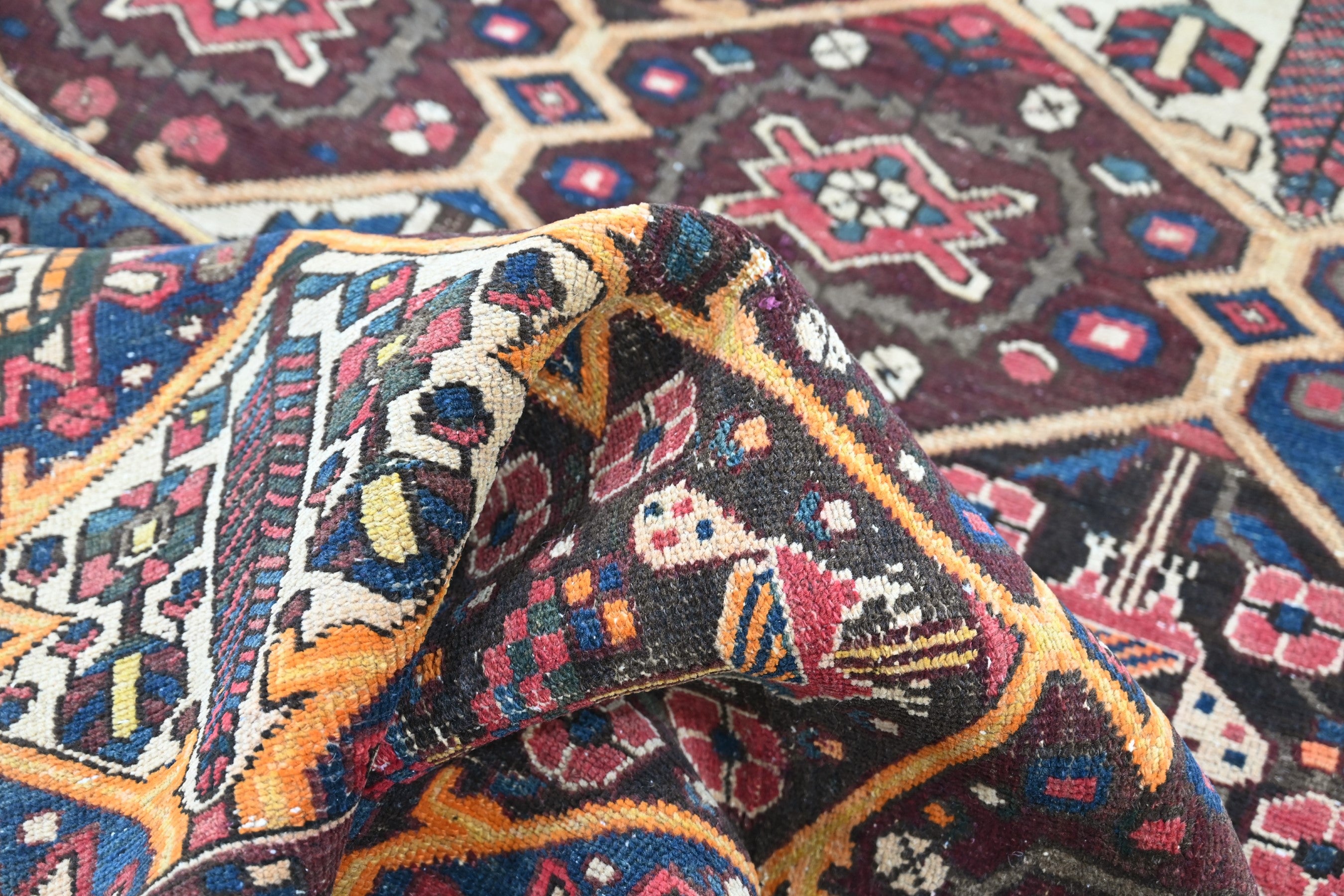 Persian Bakhtiari area rug in dark brown and cream, view 14 of 17