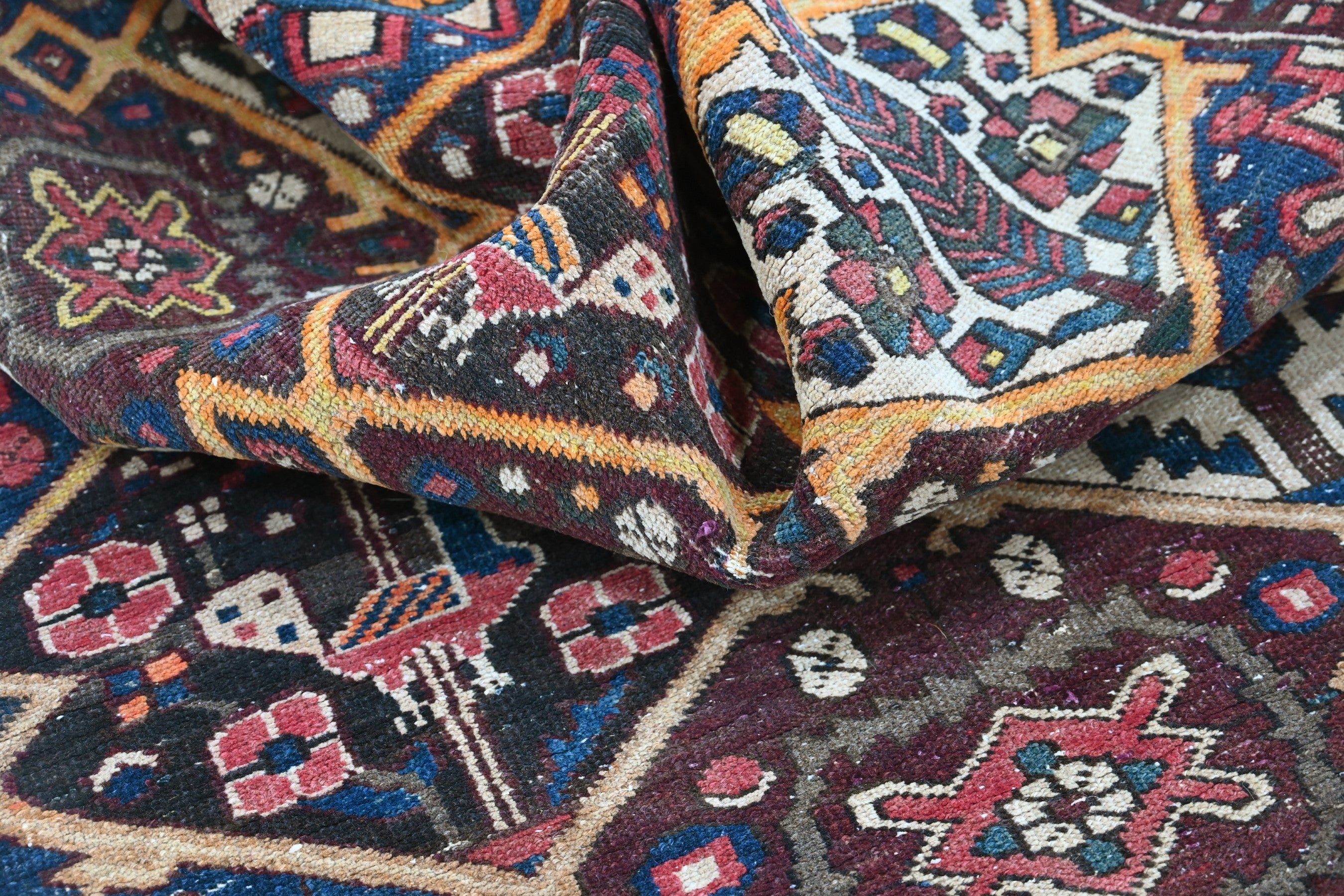 Persian Bakhtiari area rug in dark brown and cream, view 15 of 17