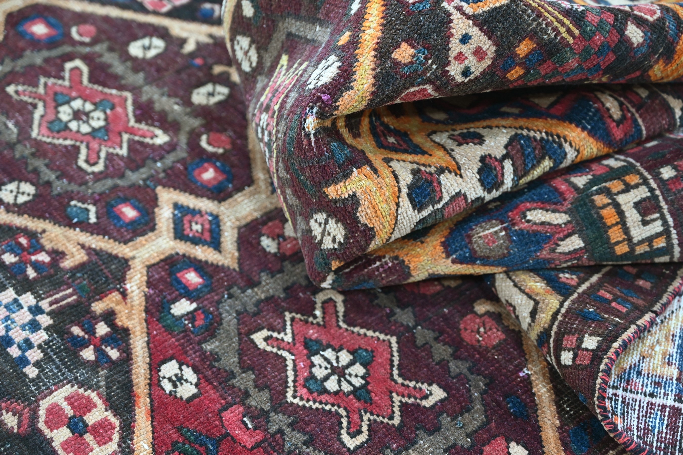 Persian Bakhtiari area rug in dark brown and cream, view 16 of 17