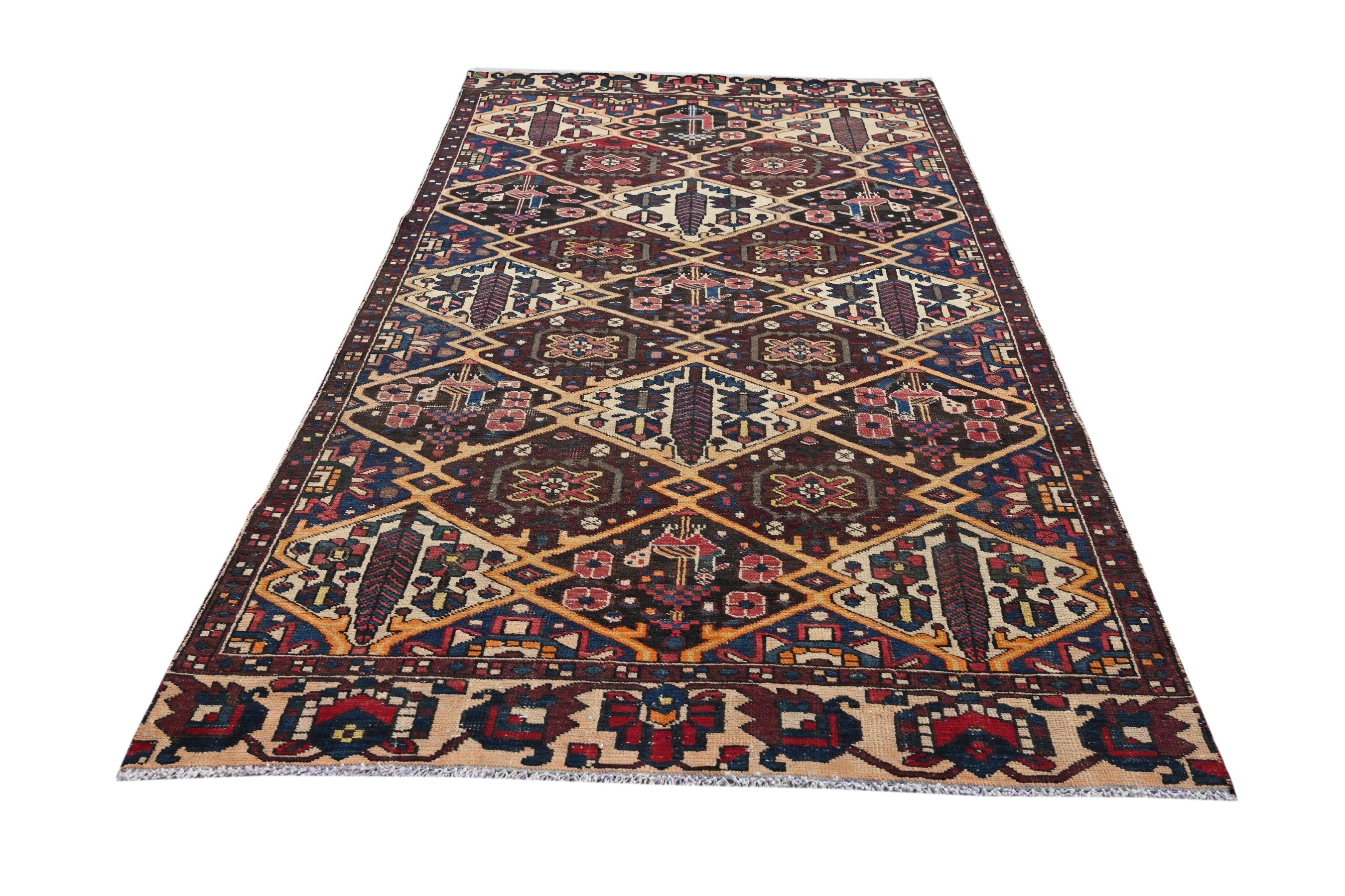 Persian Bakhtiari area rug in dark brown and cream, view 3 of 17