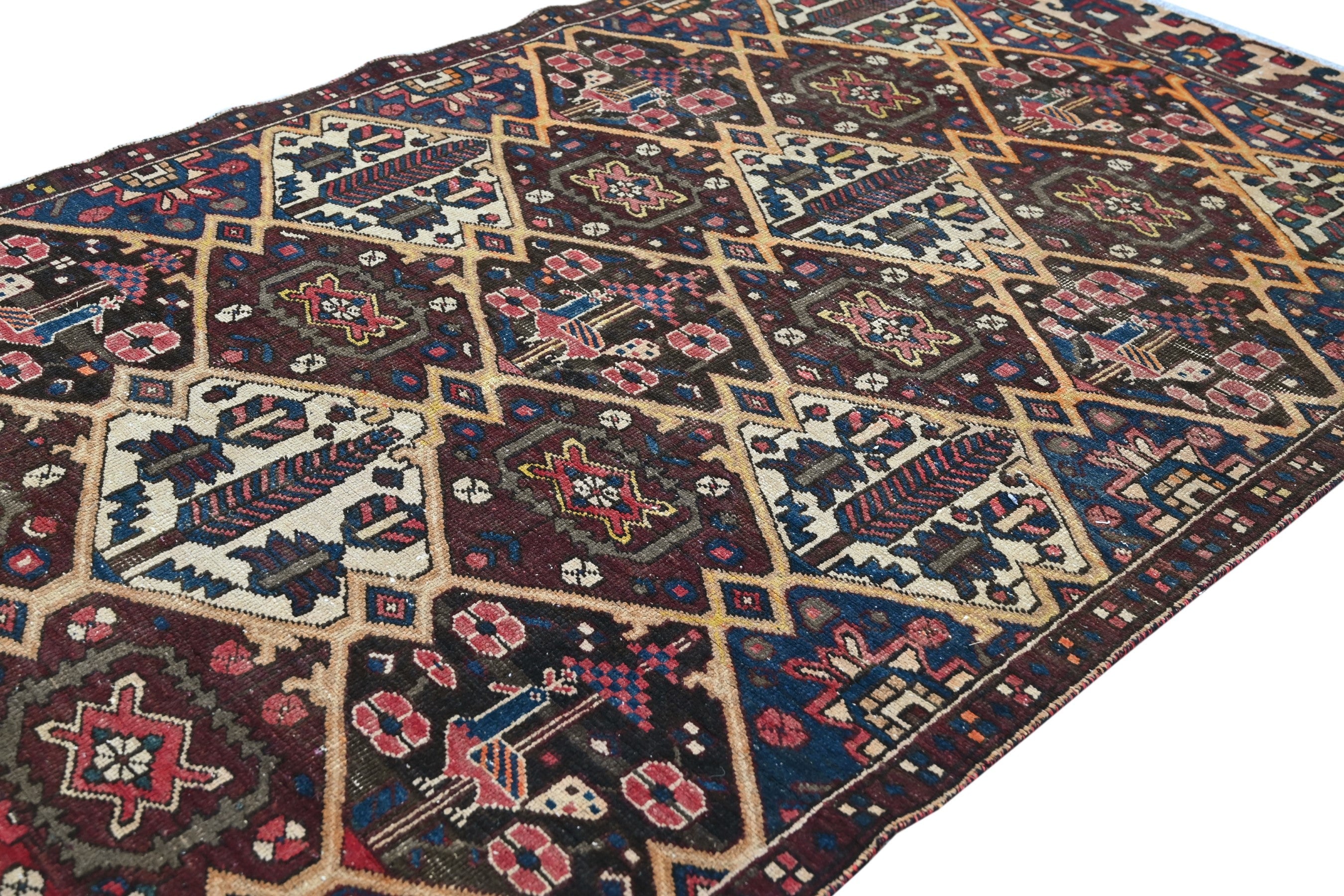 Persian Bakhtiari area rug in dark brown and cream, view 4 of 17