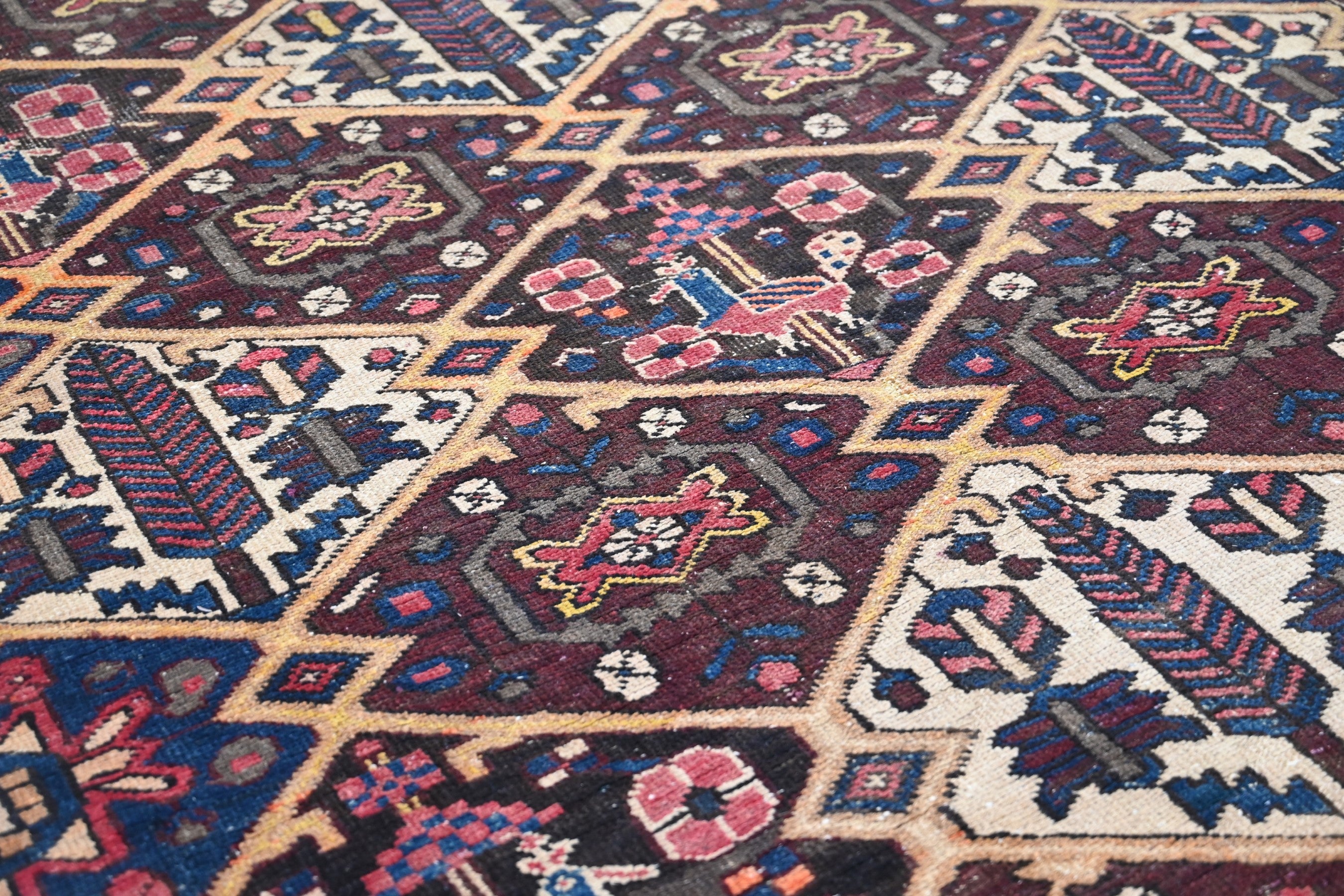 Persian Bakhtiari area rug in dark brown and cream, view 7 of 17