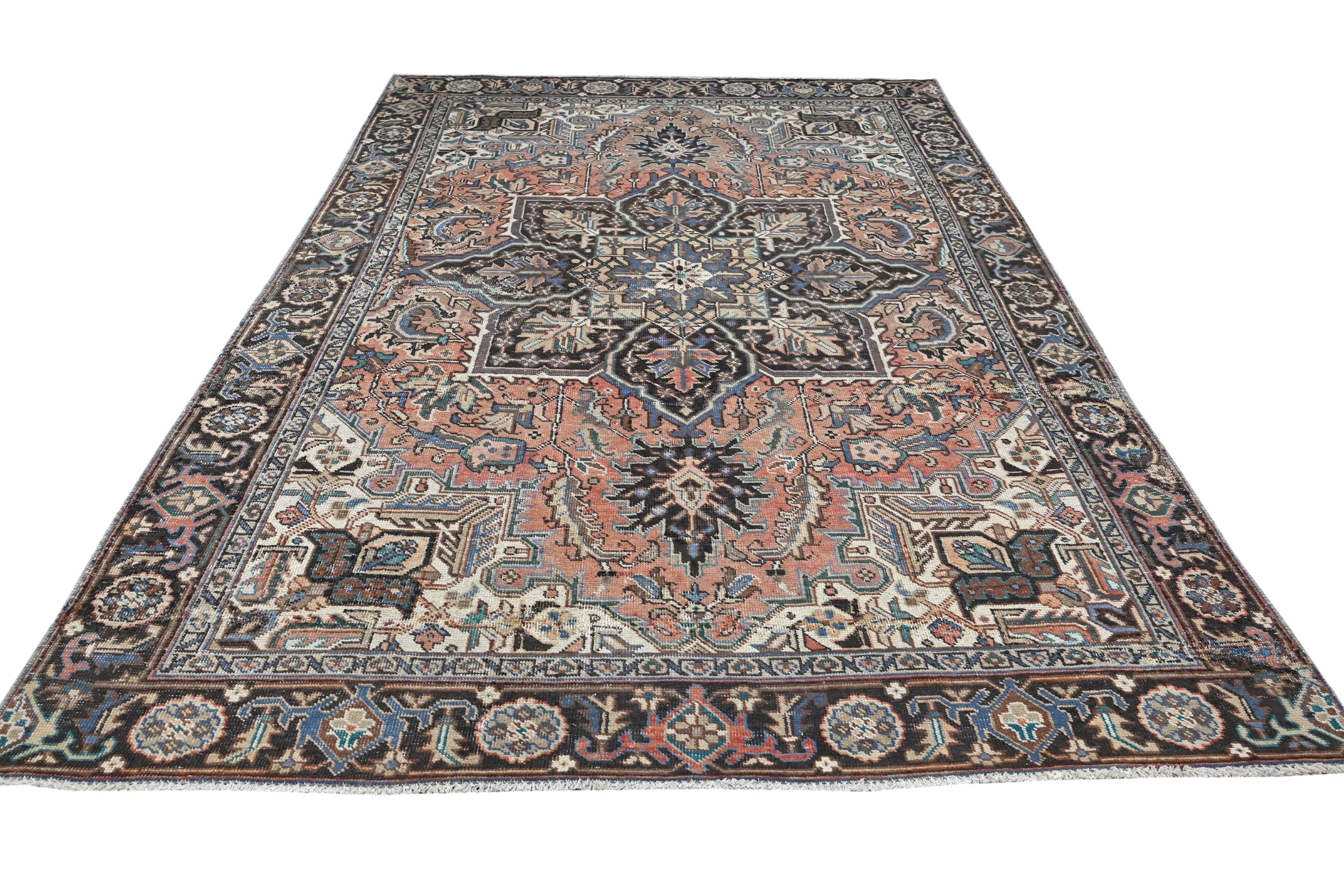Persian Heriz area rug in terracotta and navy, view 2 of 21