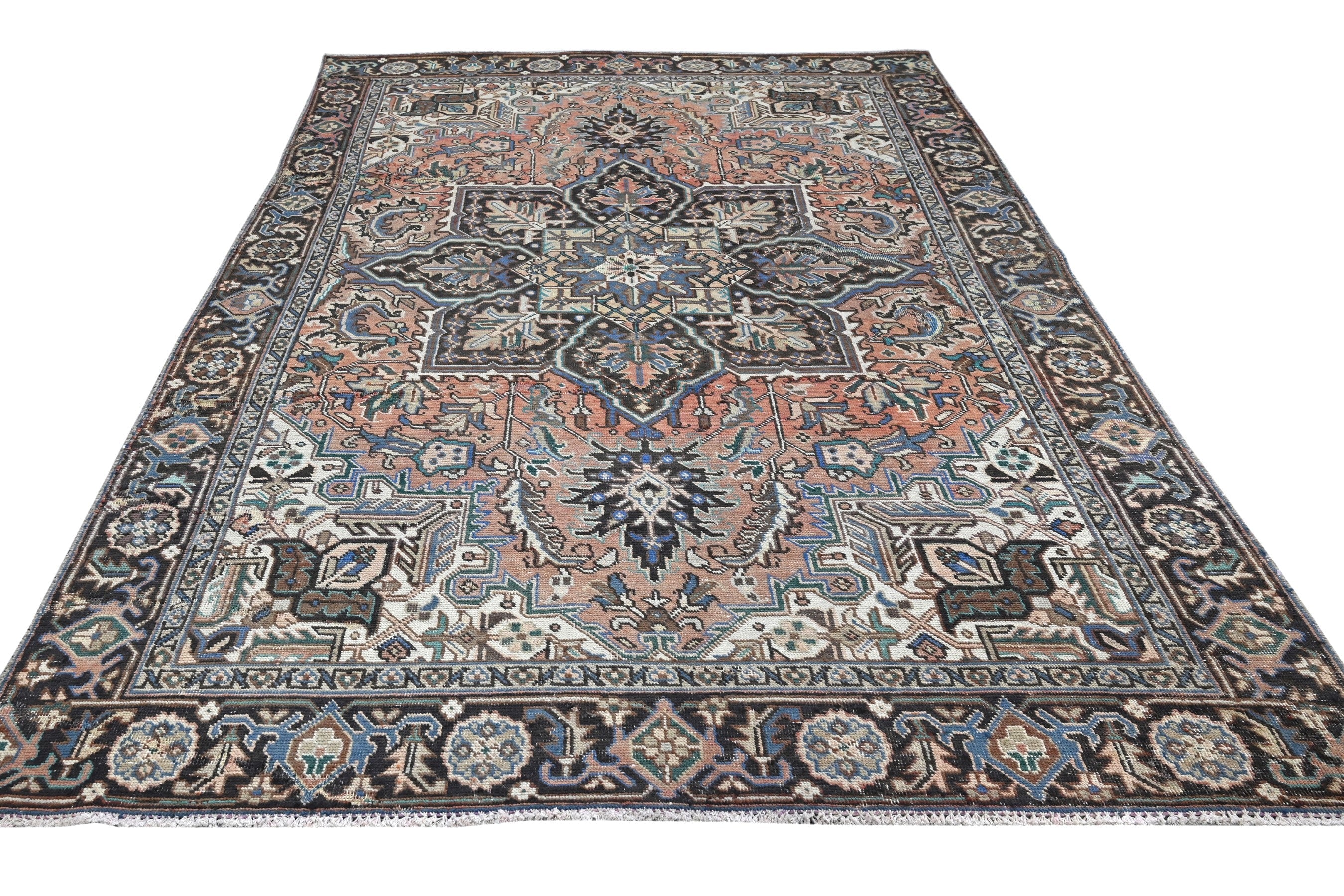 Persian Heriz area rug in terracotta and navy, view 3 of 21