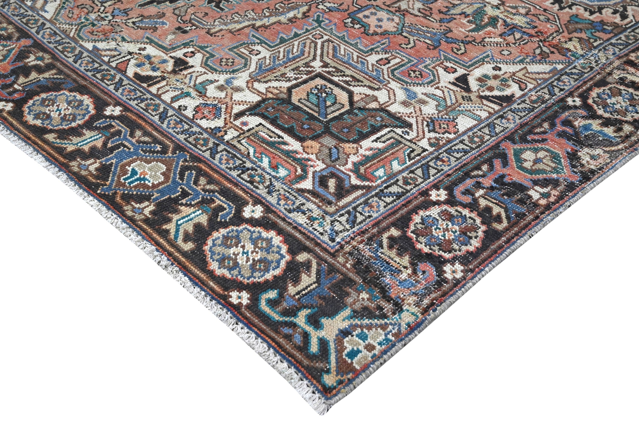 Persian Heriz area rug in terracotta and navy, view 9 of 21