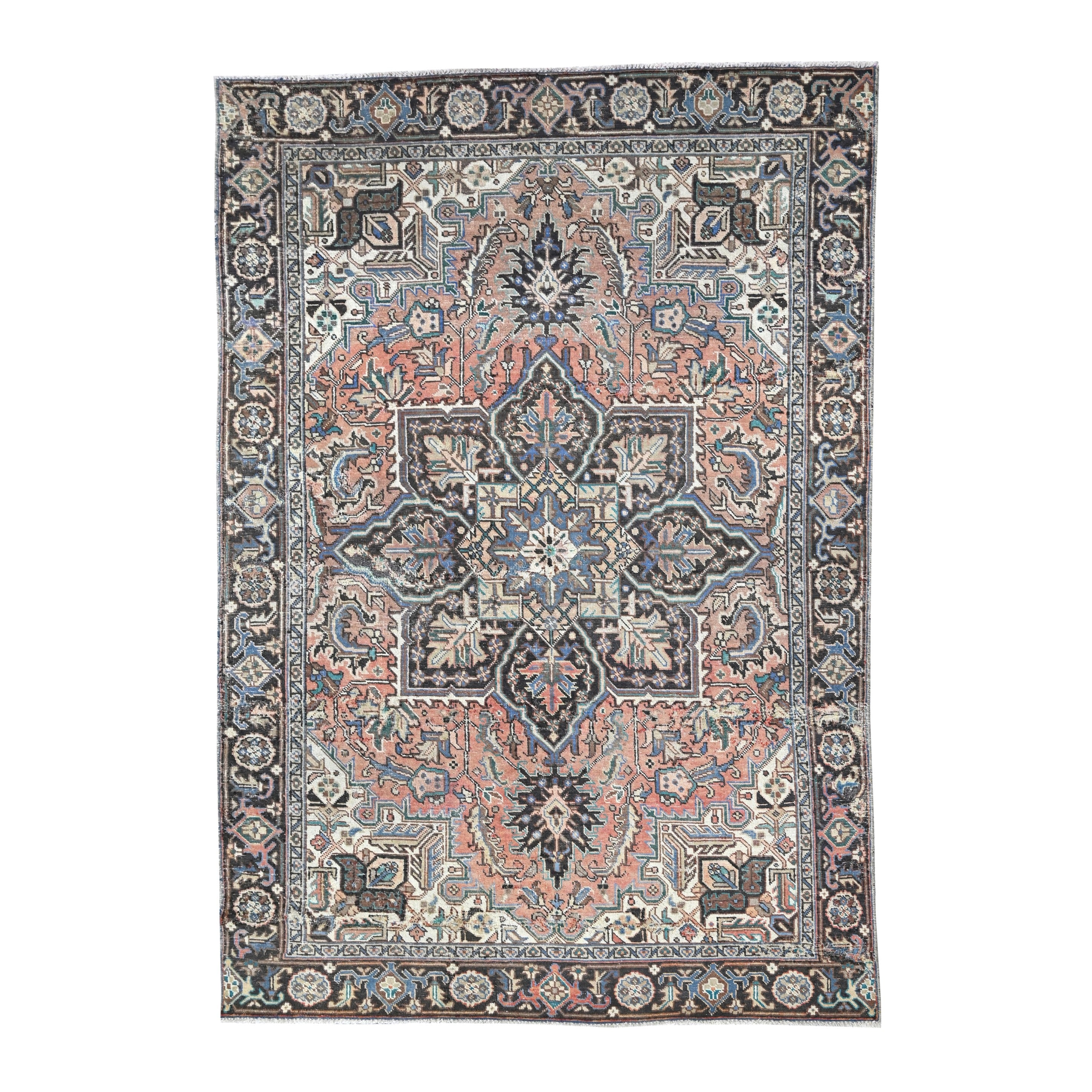Persian Heriz area rug in terracotta and navy, 7' x 10'3"