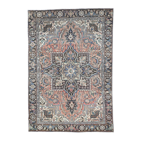 Persian Heriz area rug in terracotta and navy, 7' x 10'3"