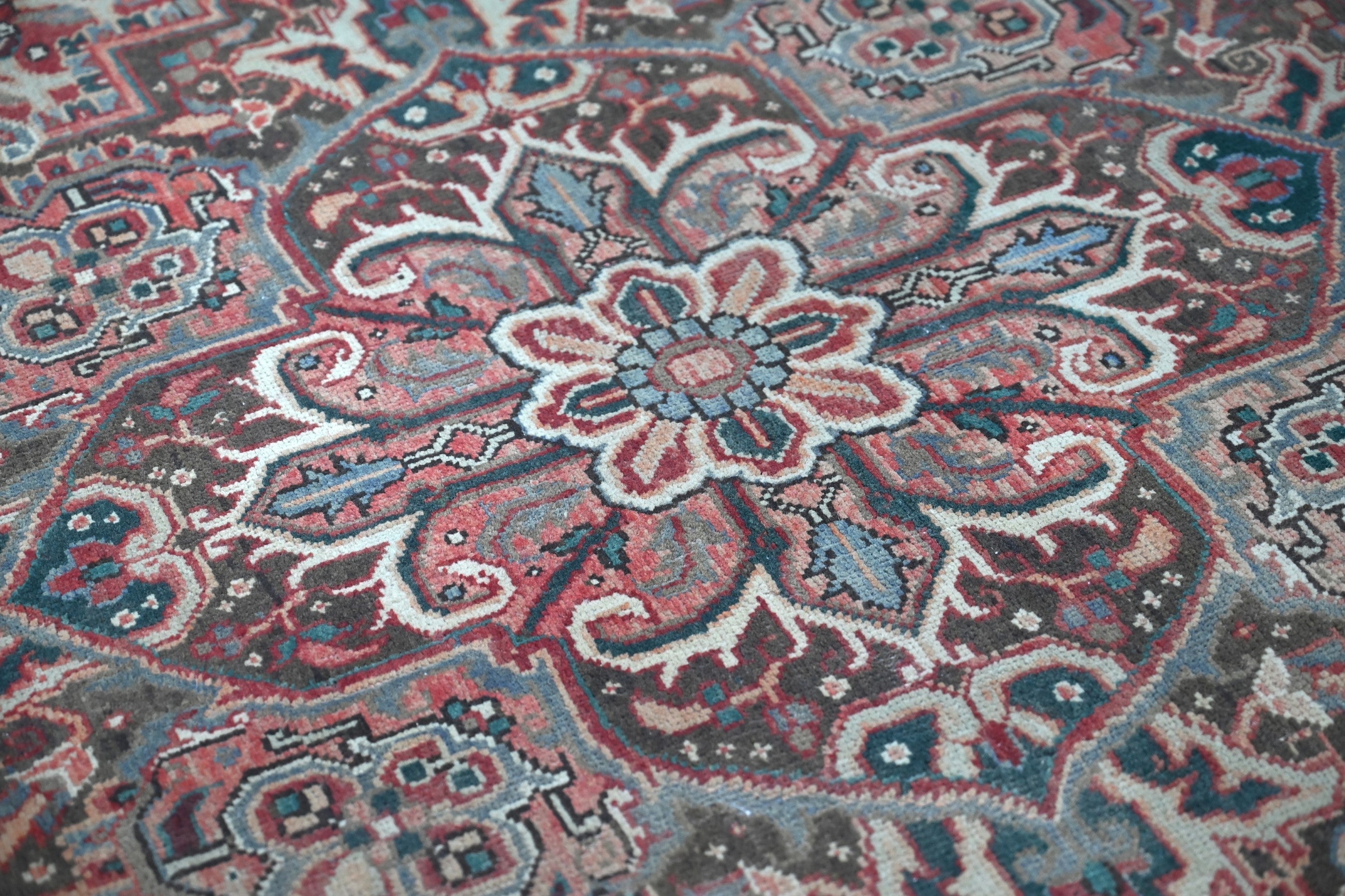 Persian Heriz area rug in burgundy and cream, view 14 of 23