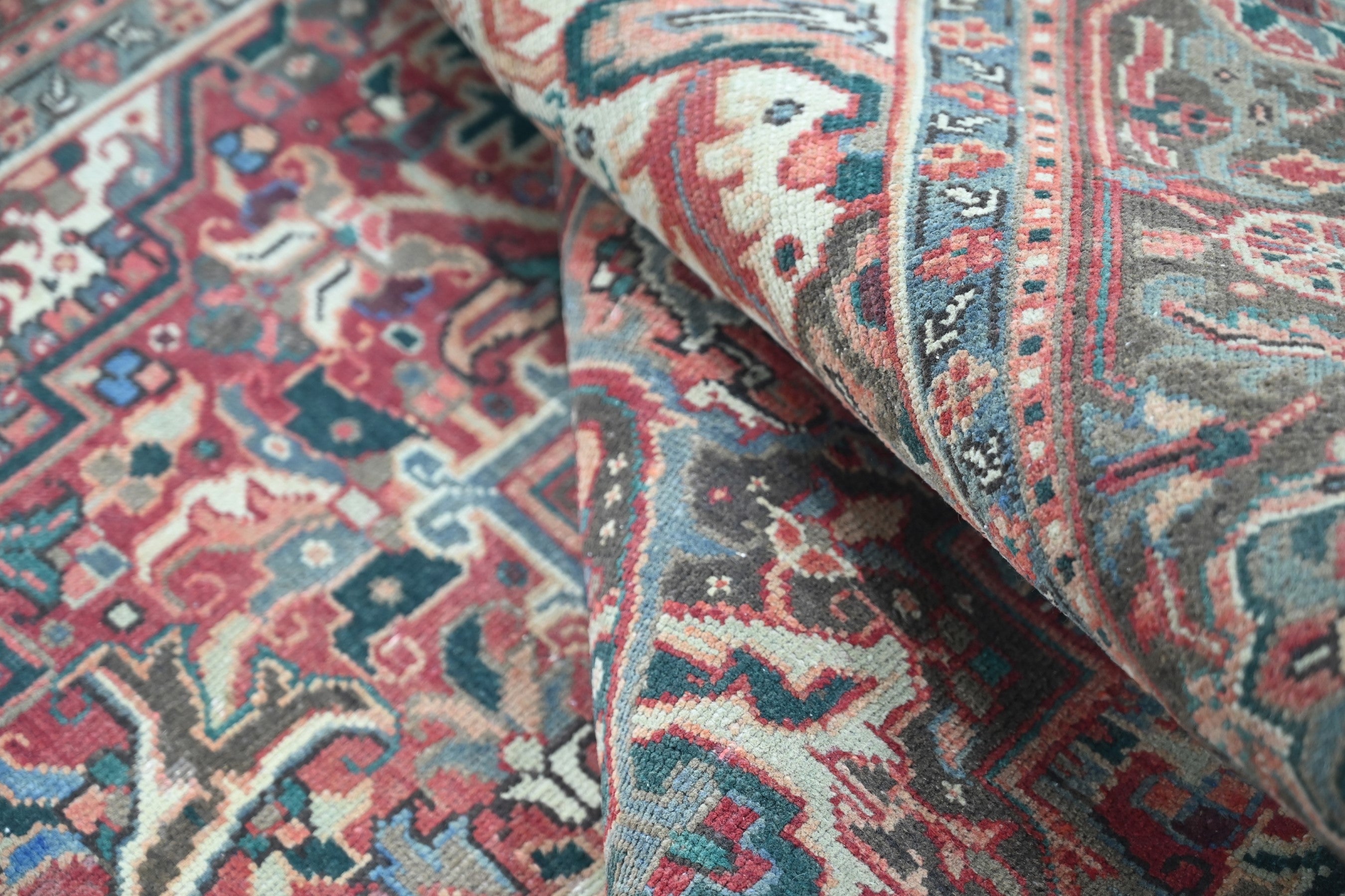Persian Heriz area rug in burgundy and cream, view 18 of 23