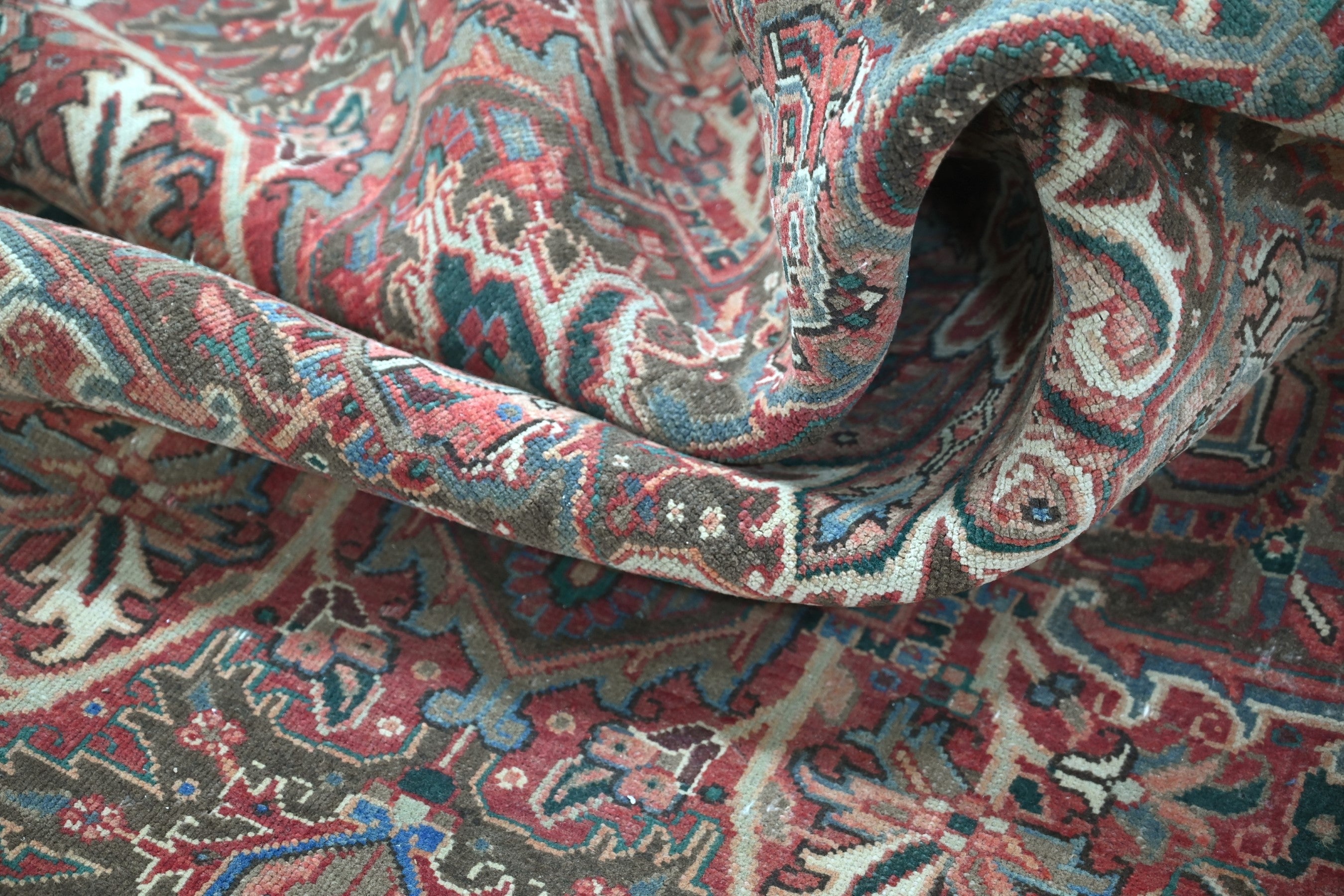 Persian Heriz area rug in burgundy and cream, view 19 of 23