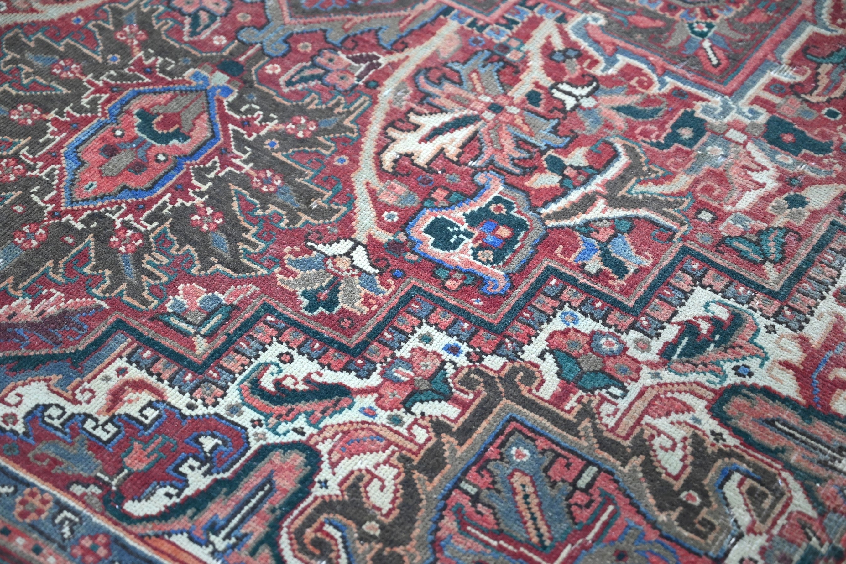 Persian Heriz area rug in burgundy and cream, view 5 of 23