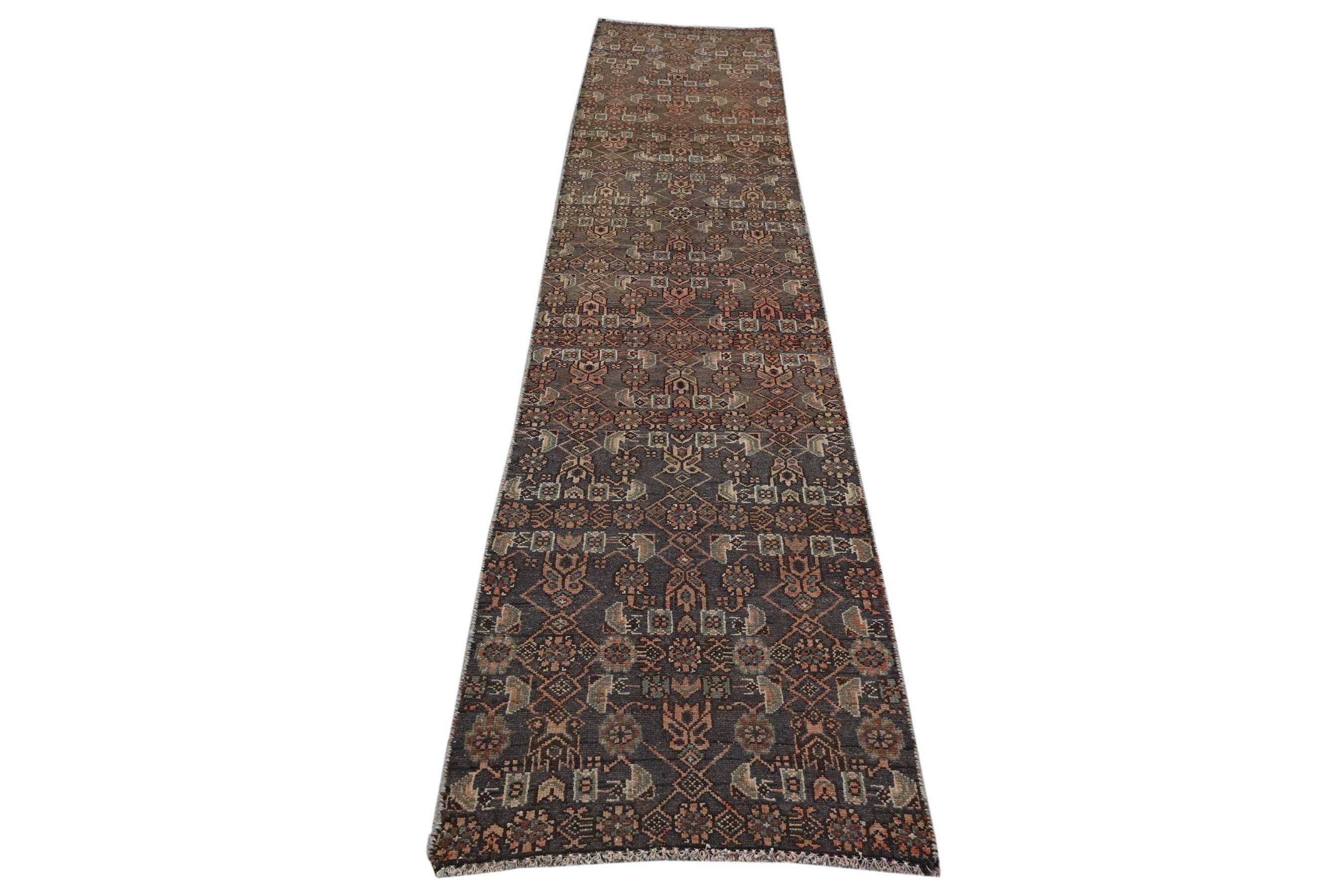 Persian Birjand runner rug in dark brown and taupe, view 2 of 18