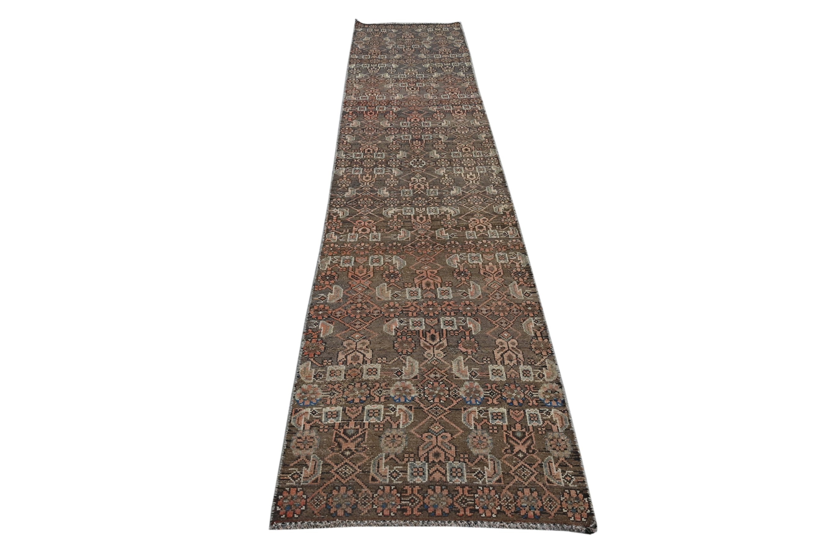 Persian Birjand runner rug in dark brown and taupe, view 3 of 18