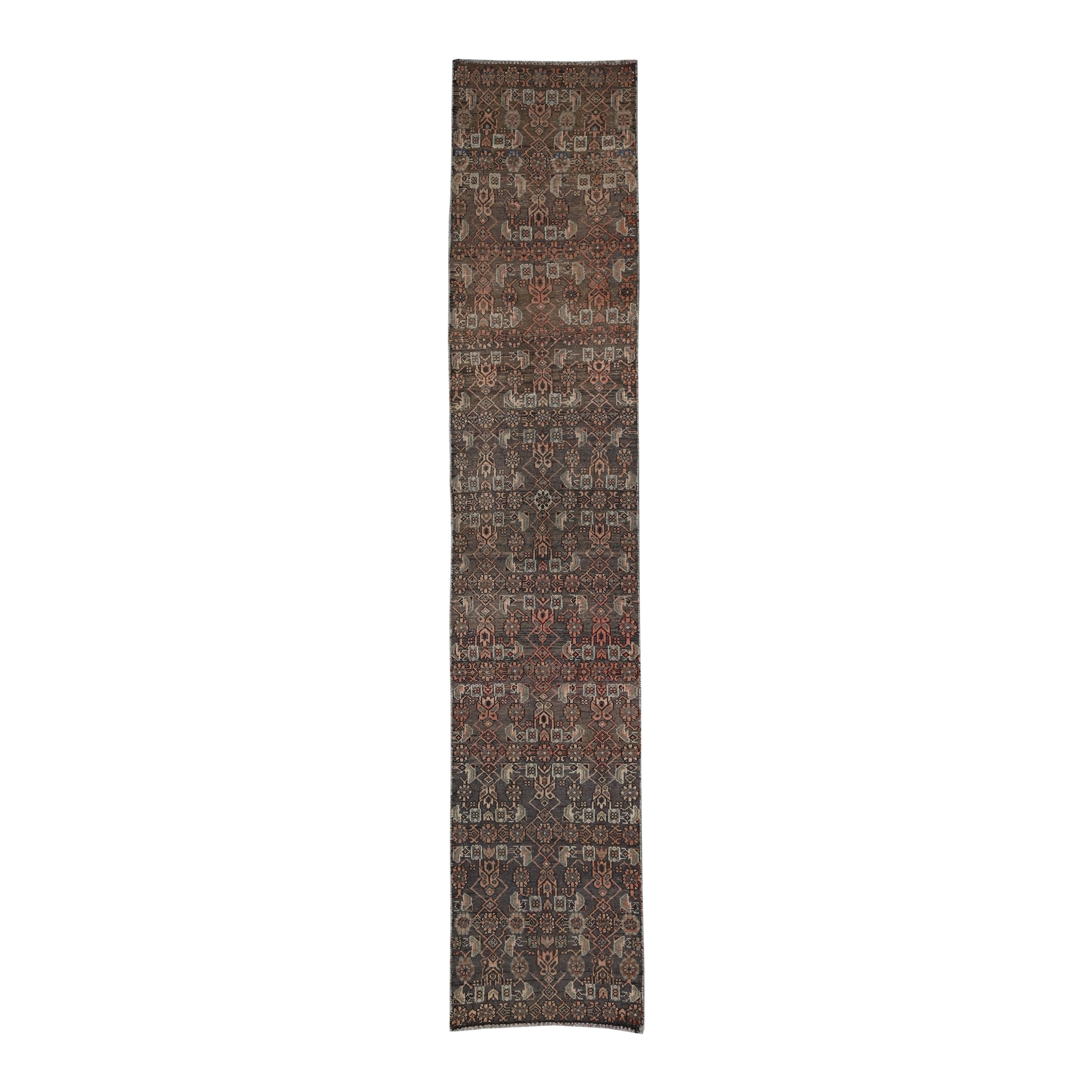 Persian Birjand runner rug in dark brown and taupe, 2'5" x 12'1"
