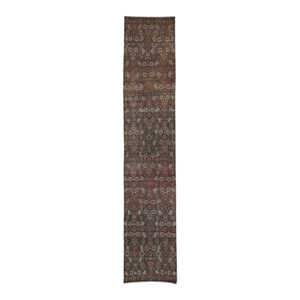 Persian Birjand runner rug in dark brown and taupe, 2'5" x 12'1"