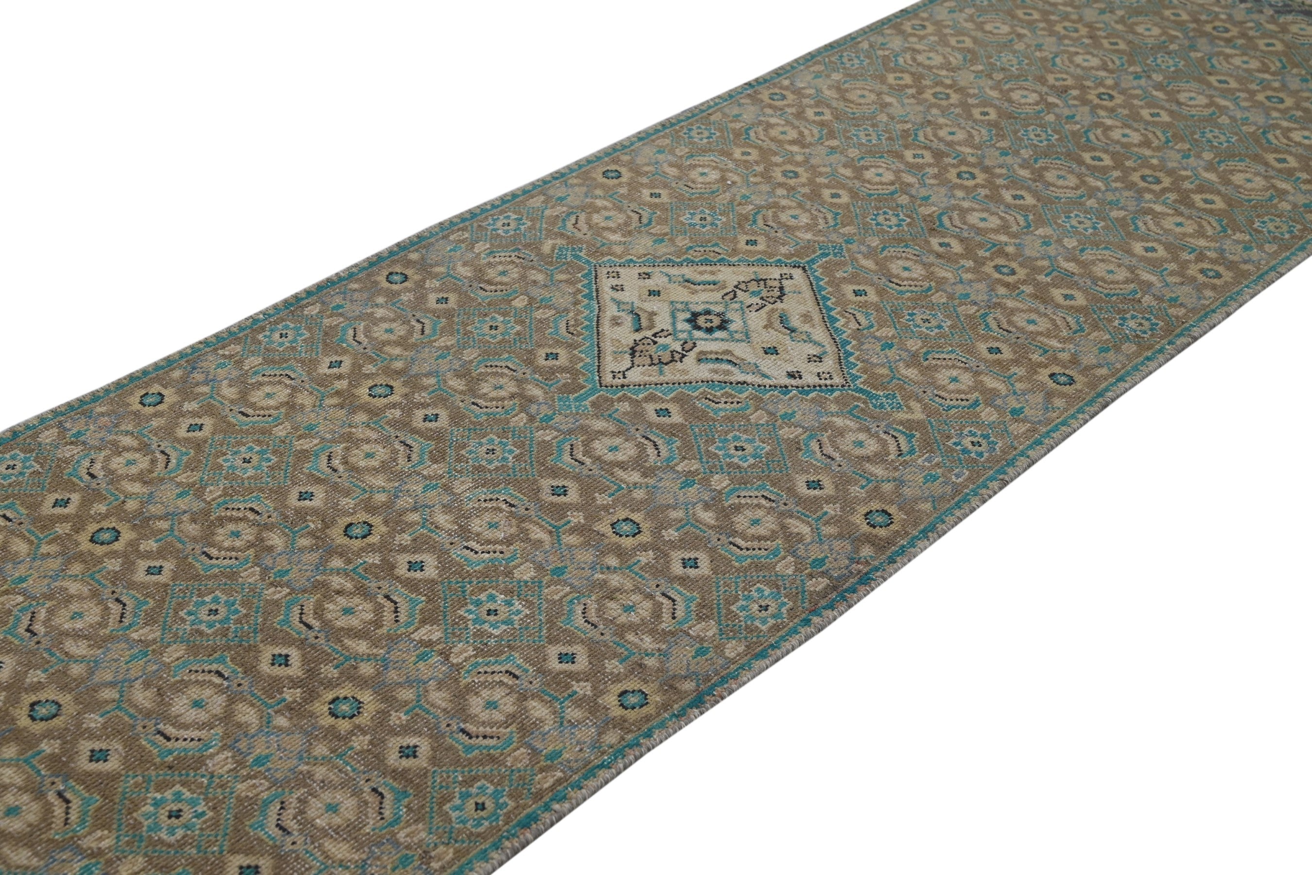 Persian Mahal runner rug in teal and rust, view 4 of 21